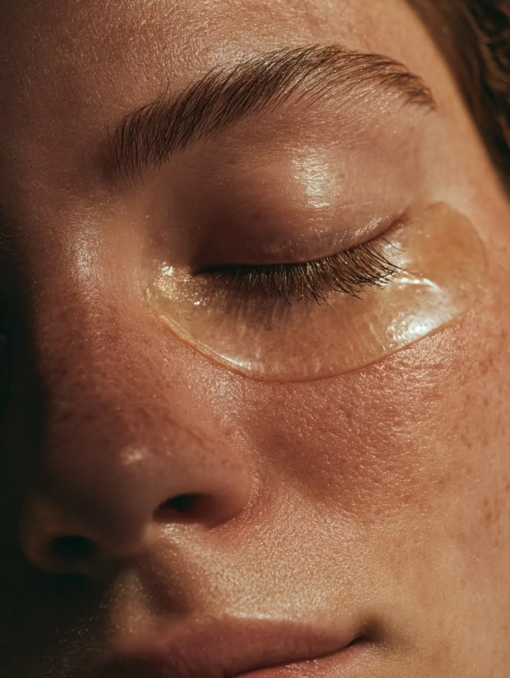 Close-up of a person's face with closed eye, showing natural skin texture and long eyelashes.