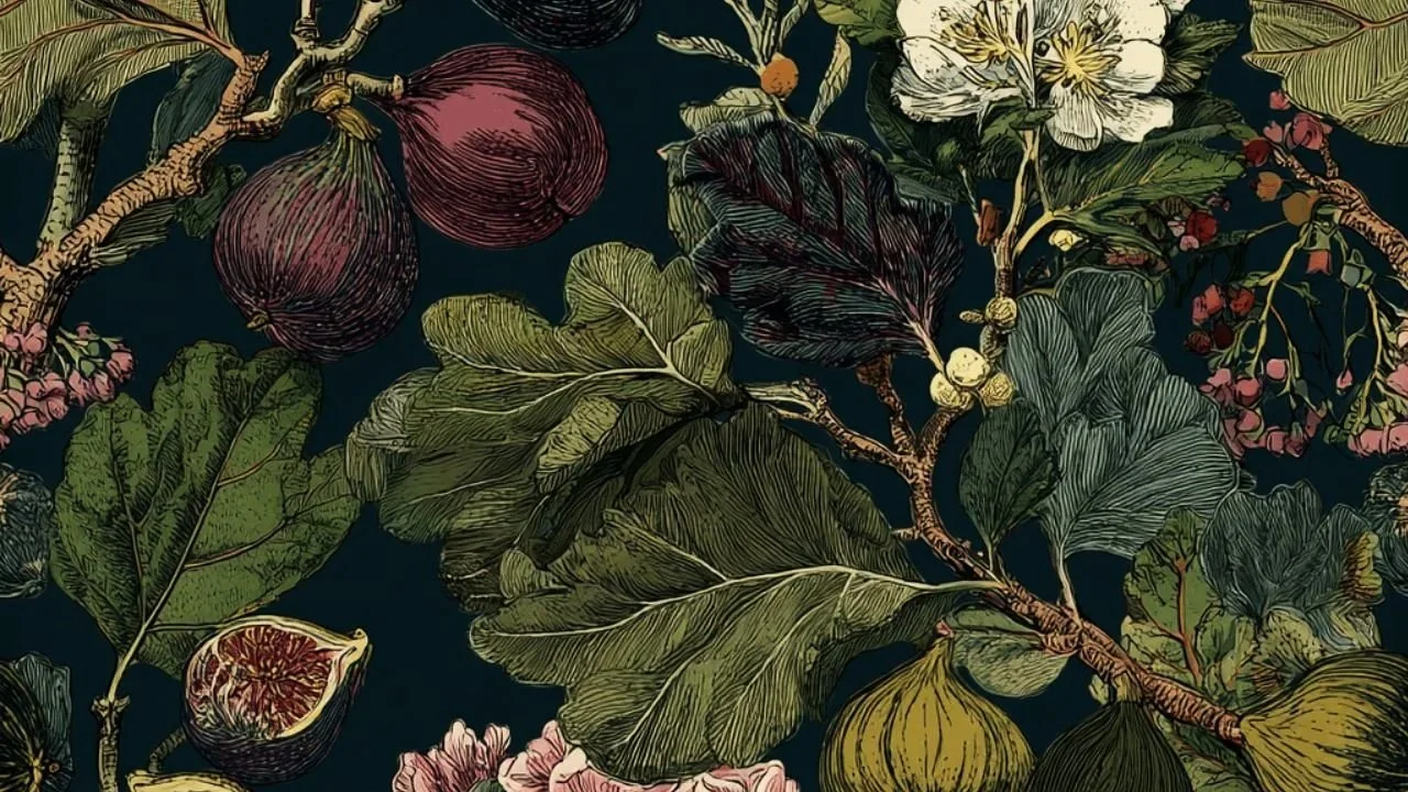 Illustration of various figs, leaves, and flowers with a dark background.