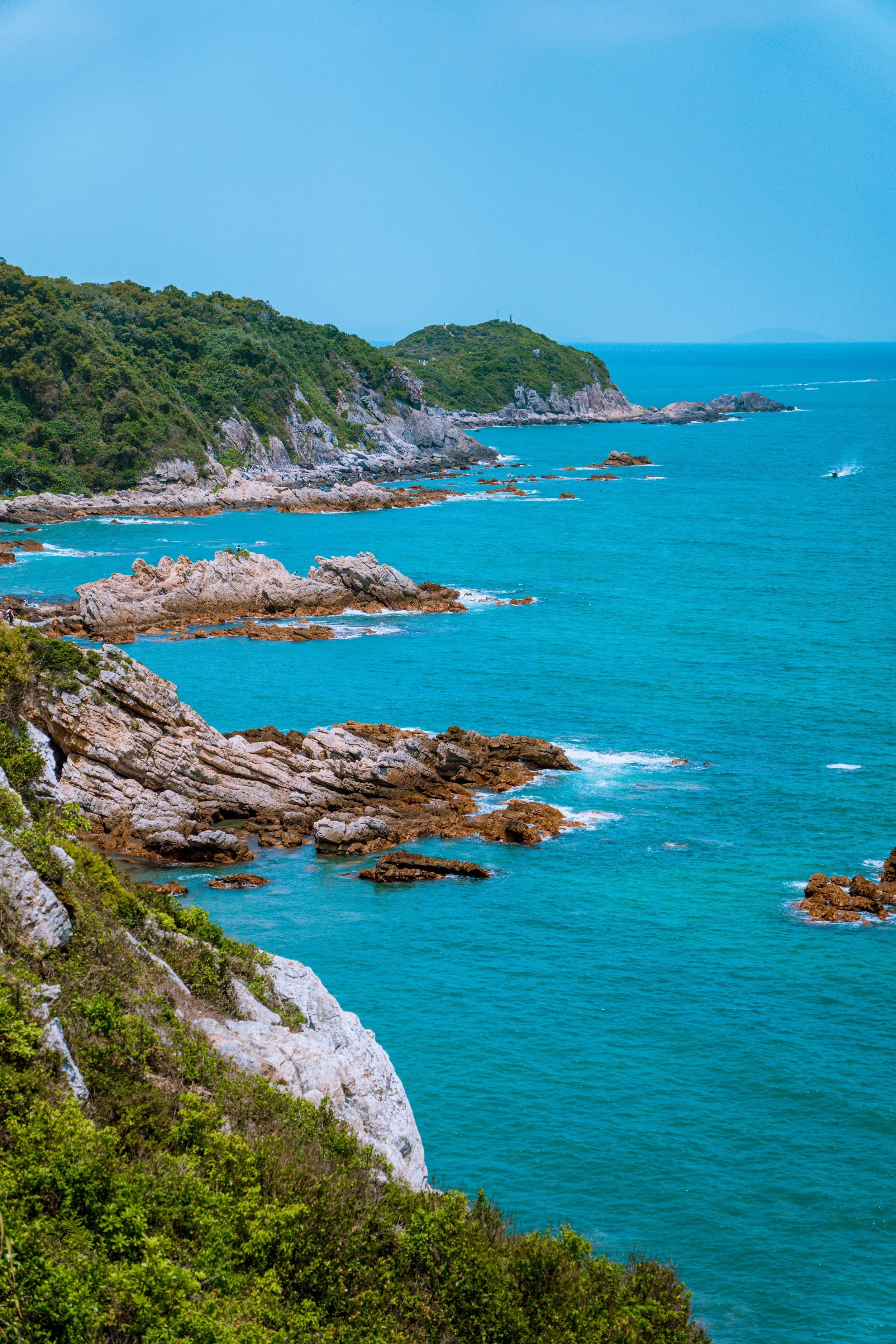 Scenic view of a rocky, green hillside meeting the blue ocean under a clear sky.