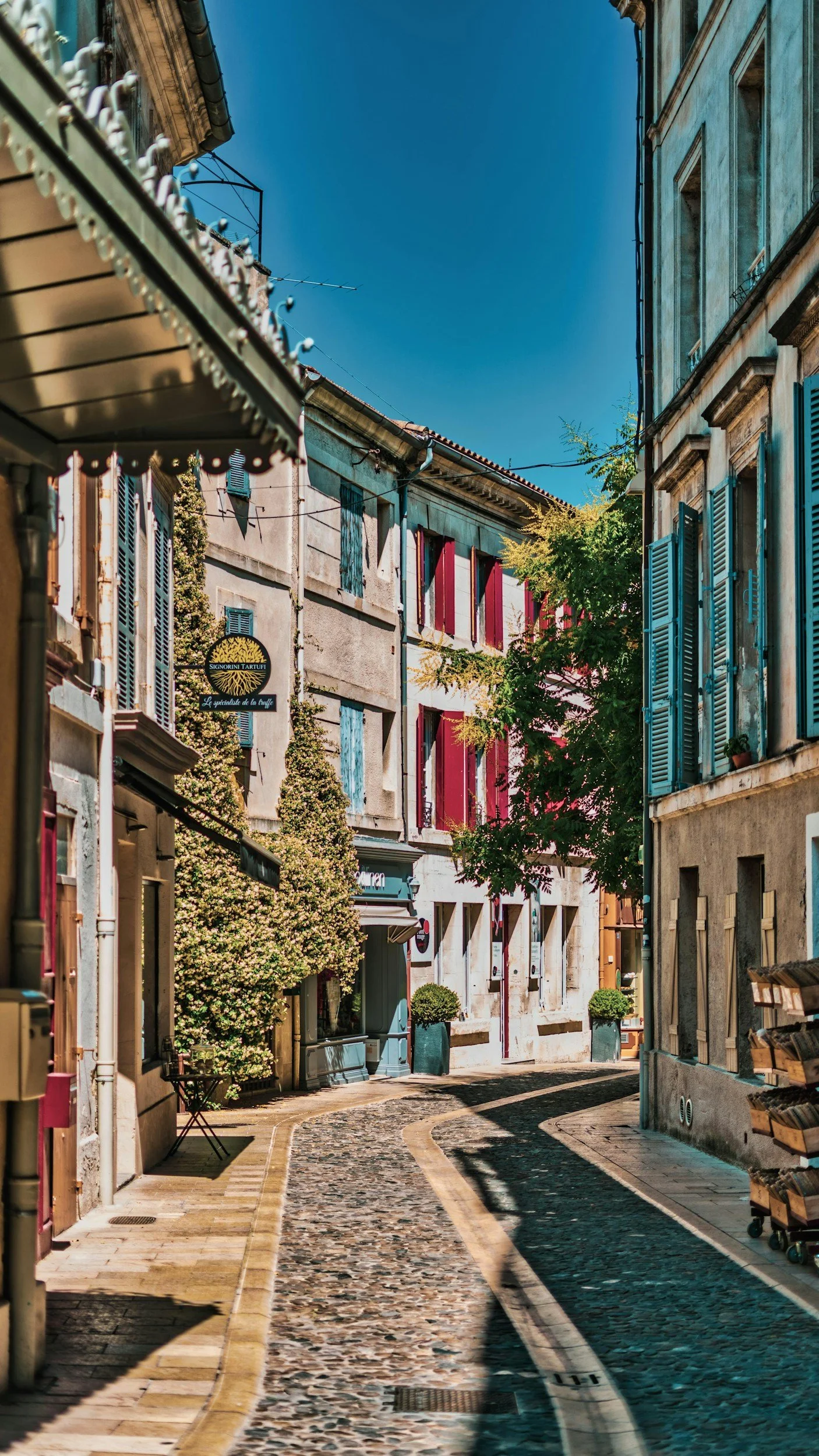A narrow European street with cobblestone pavement, lined with colorful buildings with shutters, trees, and outdoor cafe seating under a clear blue sky.