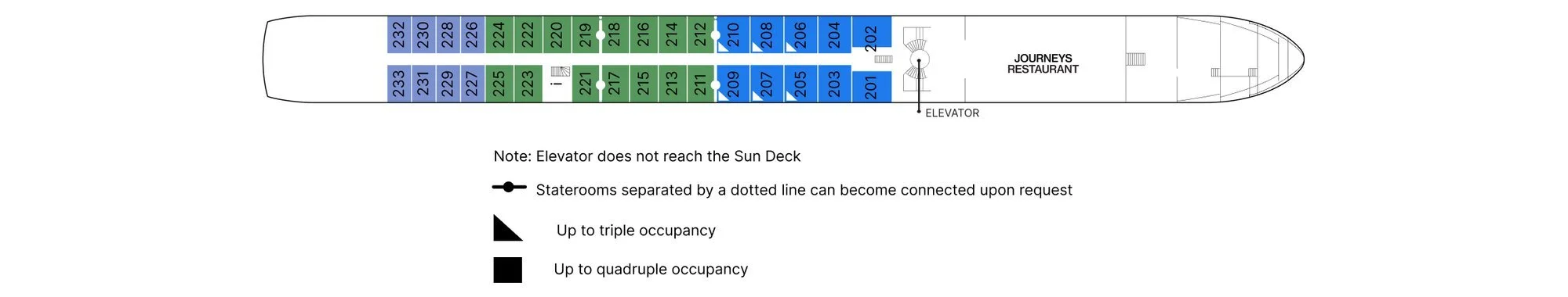 Diagram of a ship's layout showing cabin numbers, an elevator, and a restaurant, with different cabin types indicated by various colors and symbols.
