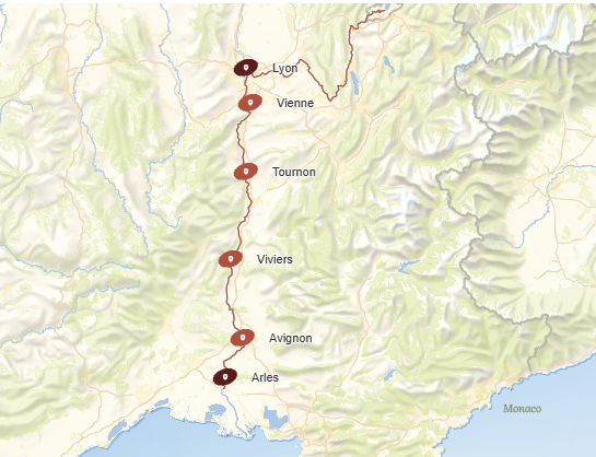 Map of France showing the train route from the south to the north, passing through cities including Arles, Avignon, Viviers, Tournon, Vienne, and Lyon.