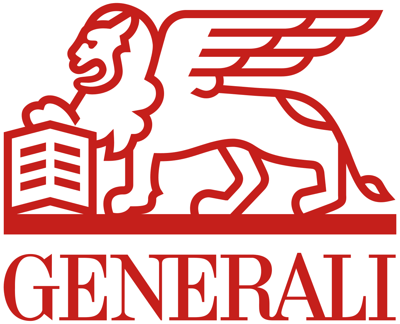 A red line drawing of a lion standing with a building and books, with the word "GENERAL" underneath.