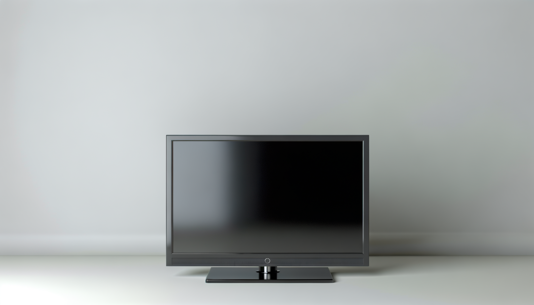 A black flat-screen television on a grey surface against a light grey wall.