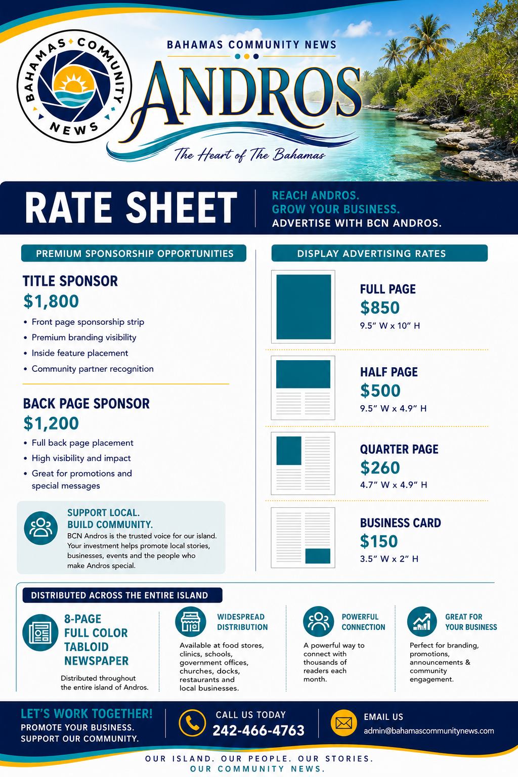 A rate sheet advertisement for Bahamas Community News about advertising options on Andros island, featuring sponsorship packages and advertising rates with a tropical beach scene in the background.