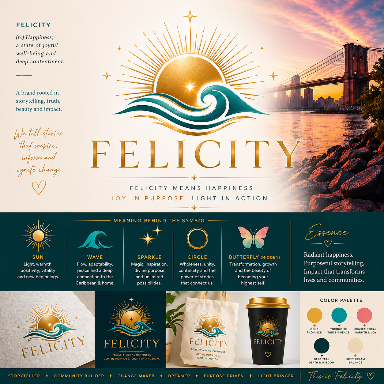 Graphic design featuring a sun and ocean wave logo, with the text 'Felicity' and phrases about happiness, storytelling, and inspiring change. The design includes elements like the Brooklyn Bridge and Manhattan skyline at sunset.