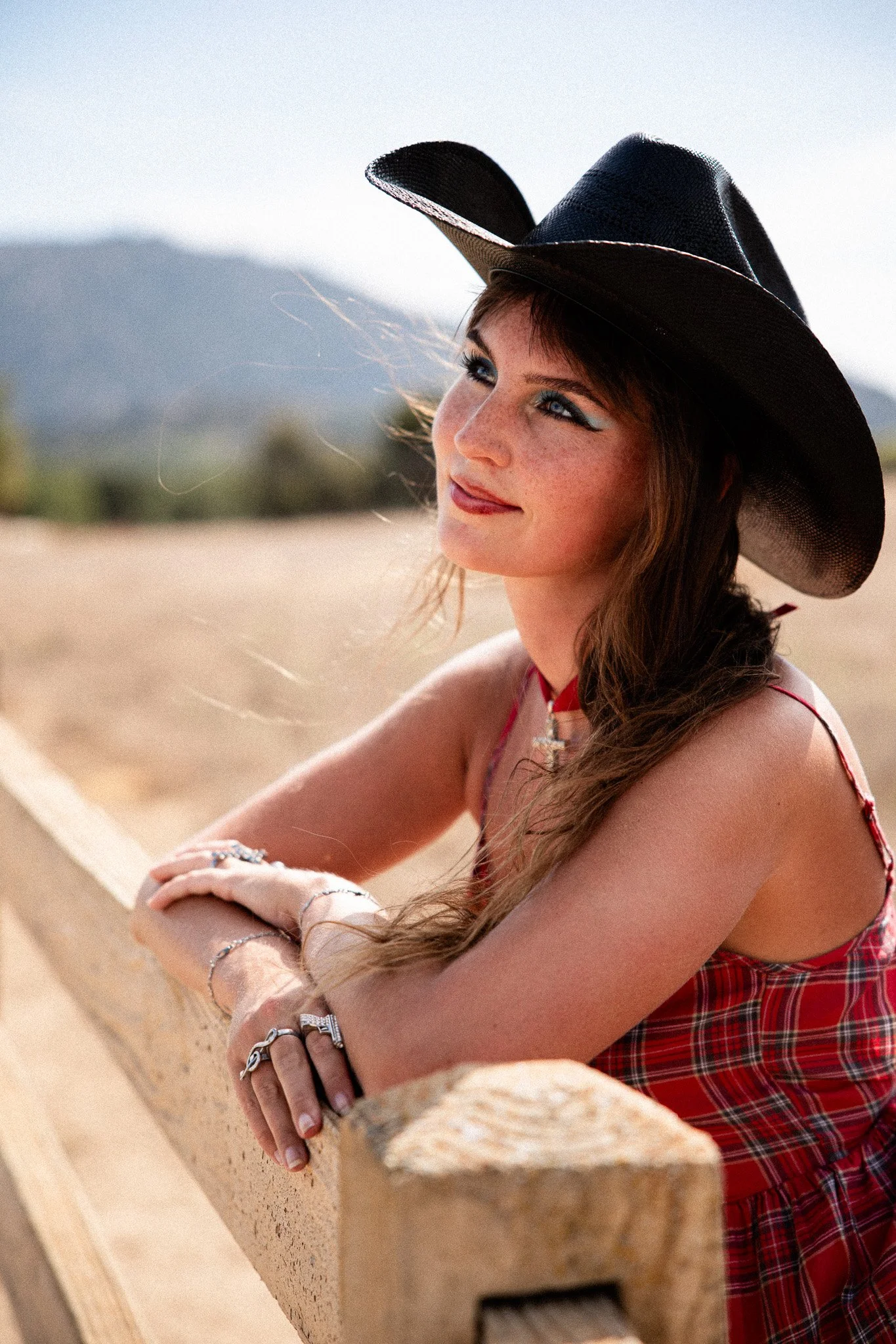 A young woman with long brown hair and blue eyes, wearing a wide-brimmed black hat, red plaid dress, and jewelry, is sitting on a wooden railing outdoors on a sunny day with mountains and a clear sky in the background.
