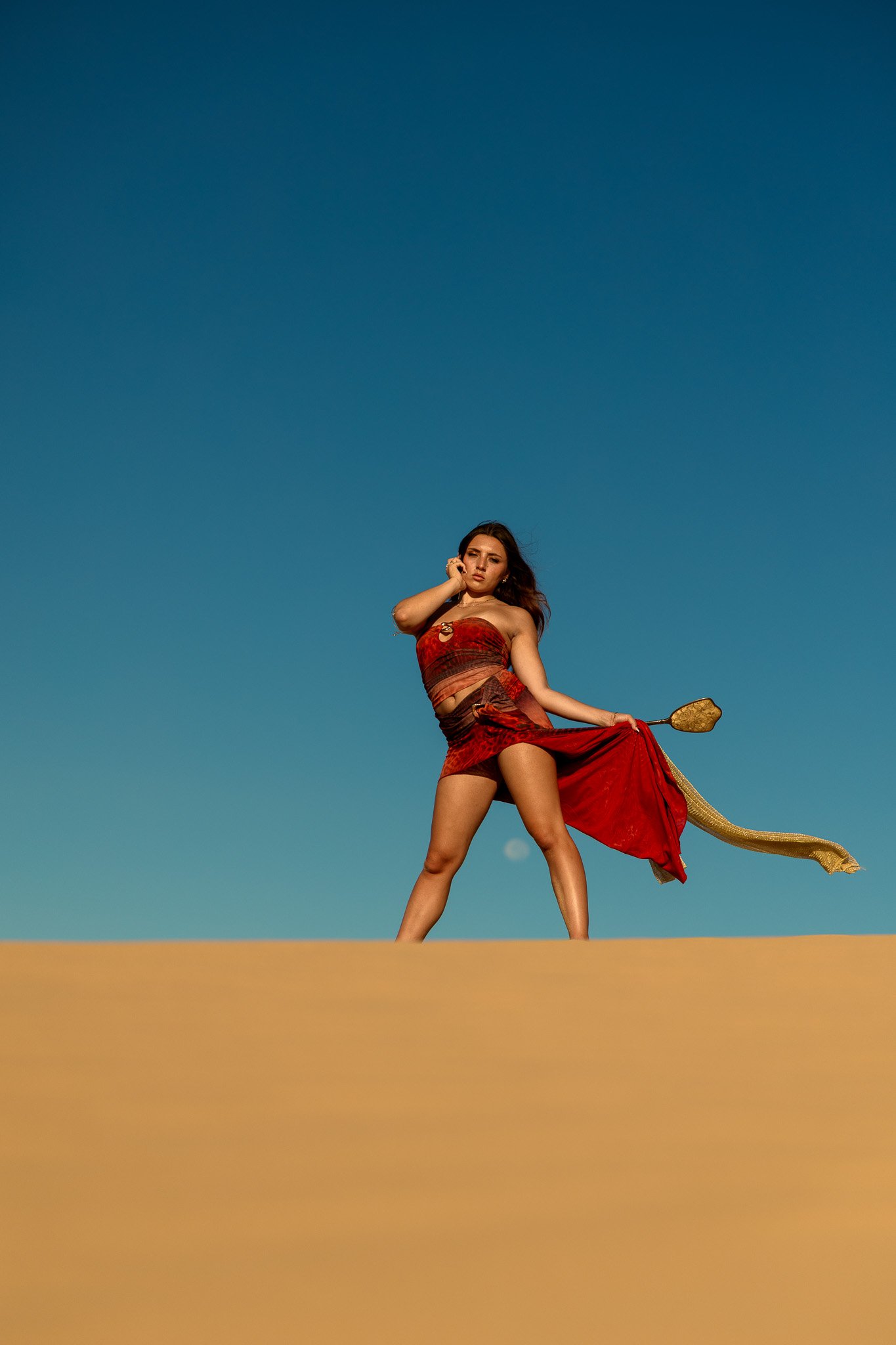 A woman in a red and gold dress holding a shield, standing on a desert landscape with a clear blue sky.