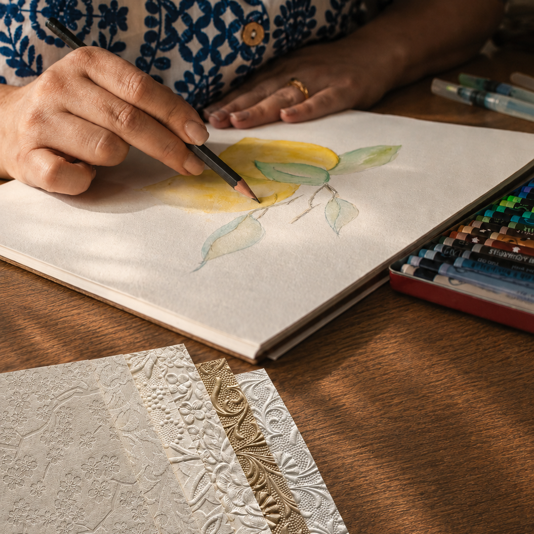 A person watercolor painting a yellow lemon with green leaves on paper, with art supplies including markers and embossed decorative papers on a wooden table.