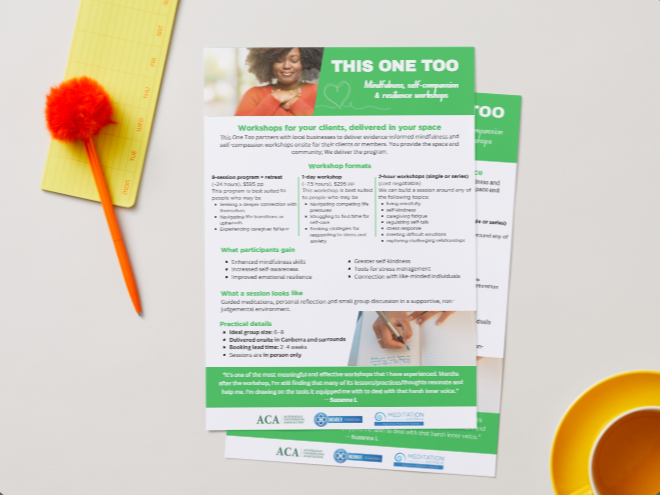 Workshop flyer titled 'This One Too' about mindfulness and compassion at the workplace, including workshop formats, participant benefits, and practical details, with a green and white color scheme.