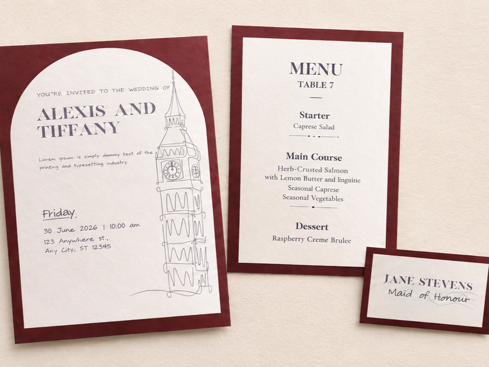 Wedding invitation and menu cards with a name tag. The wedding invitation is for Alexis and Tiffany, with a drawing of Big Ben, scheduled for June 30, 2026, at 10:00 am. The menu card lists a starter, main course, and dessert. The name tag reads Jane Stevens, Maid of Honour.