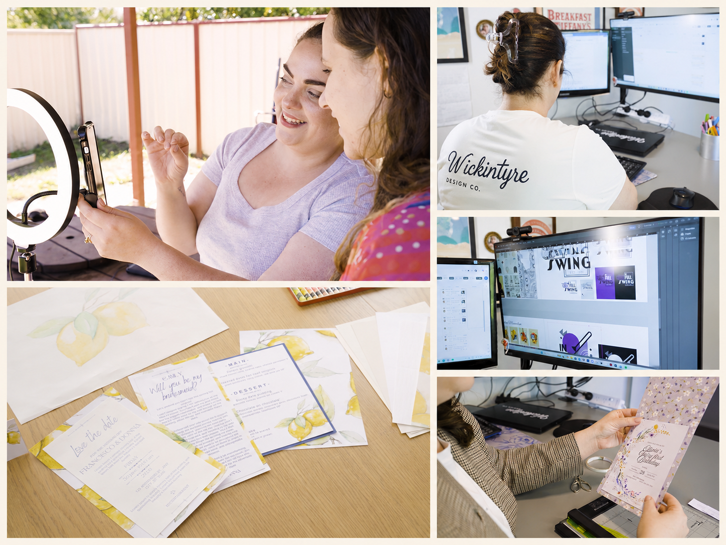 A collage of four images showcasing a creative team working on design projects. Top left features two women recording a video call with a ring light in an outdoor setting. Top right shows a woman working at a dual-monitor setup, wearing a t-shirt with "Wickintyre Design Co." on the back. Bottom right depicts a woman reviewing a printed invitation or card design at her desk. Bottom left displays various printed wedding invitations and stationery on a table.