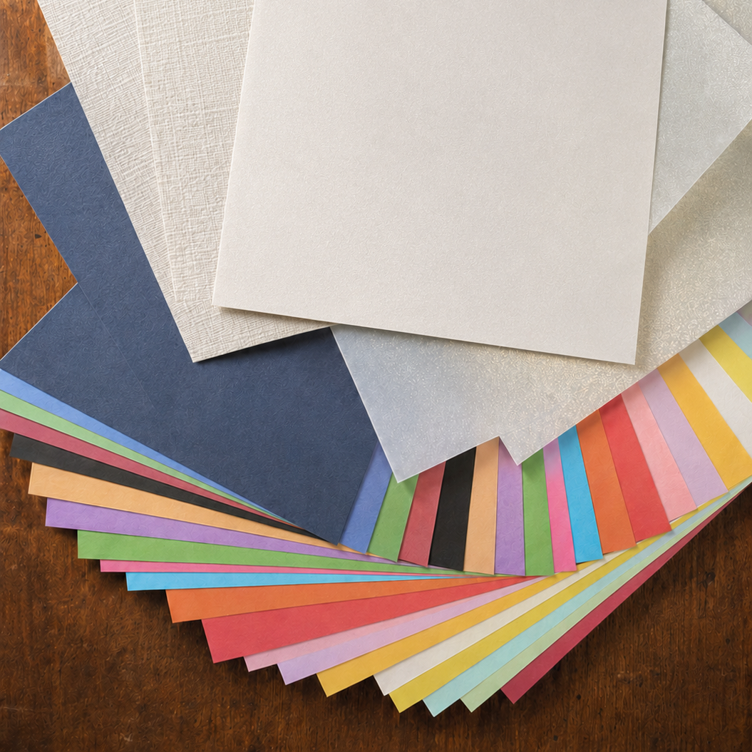 A variety of textured and colored sheets of paper arranged in a fan shape on a wooden surface.