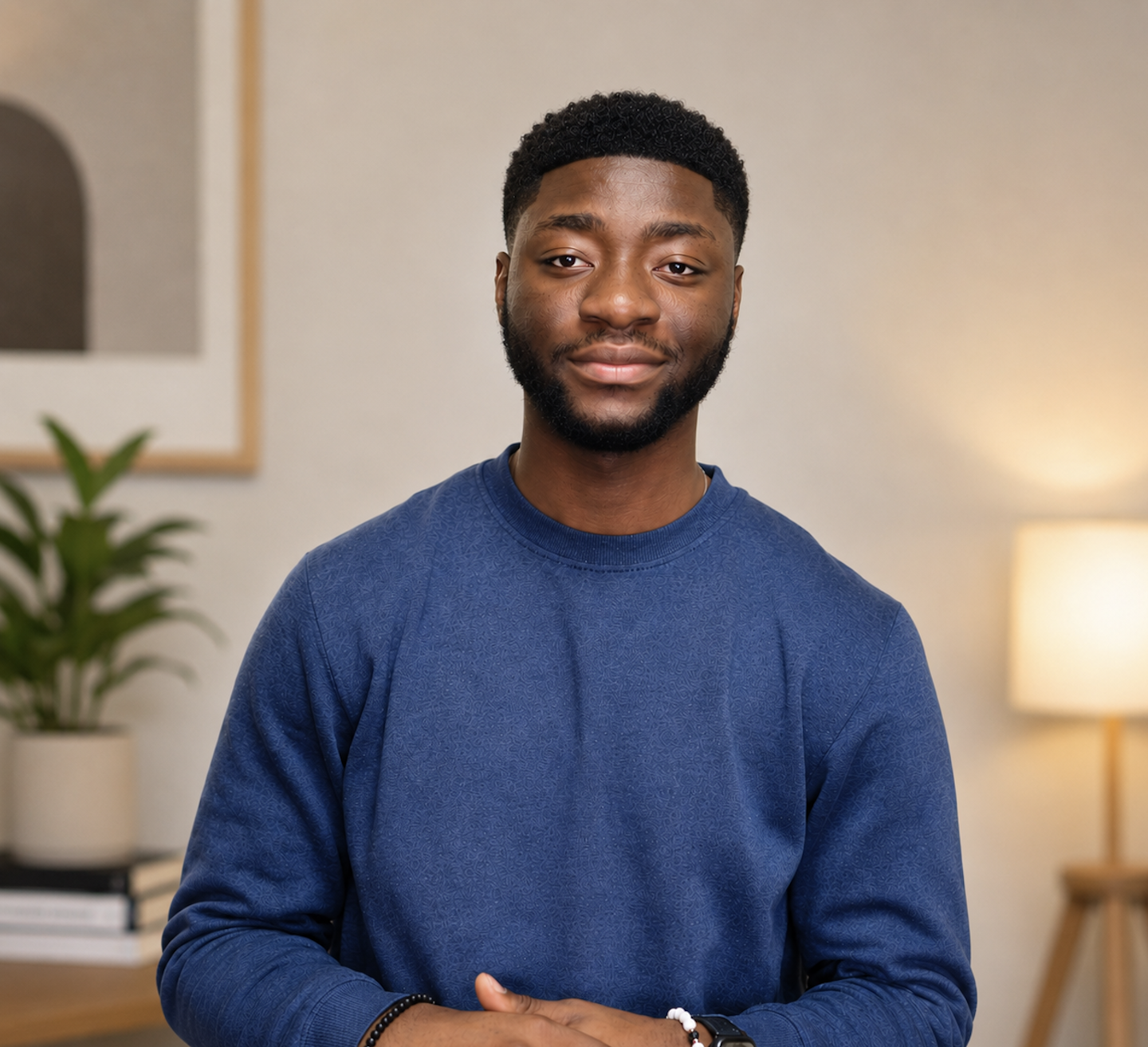 A young man with a beard and short curly hair is smiling softly, standing in a cozy living room with a lamp and a potted plant in the background, wearing a blue long-sleeve shirt.