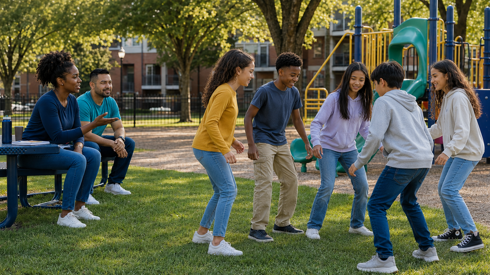 Group of children playing a game on the grass in a park with a playground in the background, while two adults watch and smile from a bench.