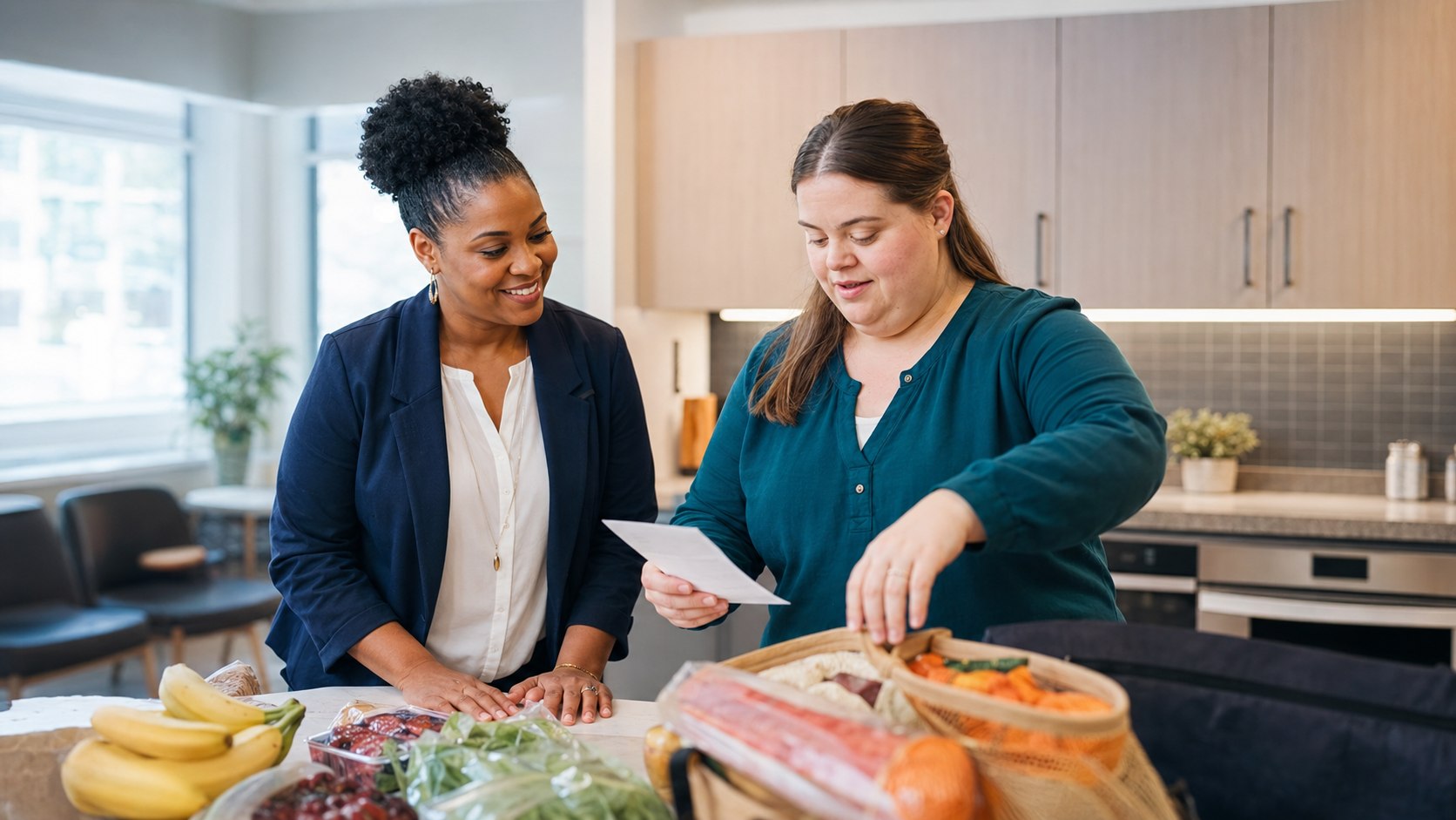 Two women shopping for groceries at a kitchen counter with bananas, strawberries, and other fresh produce. One woman is looking at a shopping list and the other is reaching into a basket.