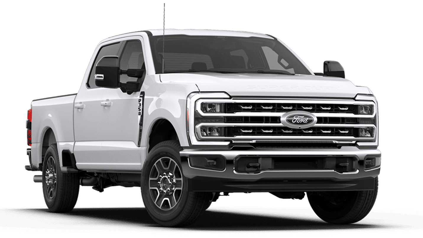 Front and side view of a white Ford pickup truck with a black background.
