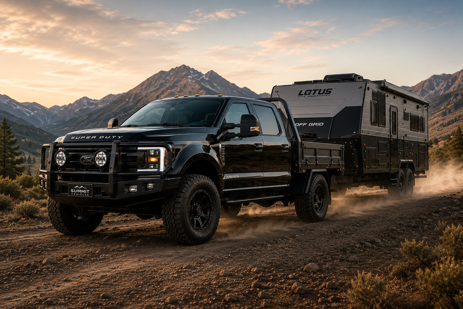 A black off-road truck with a large camper attached driving on a dirt trail in a mountainous landscape at sunset.