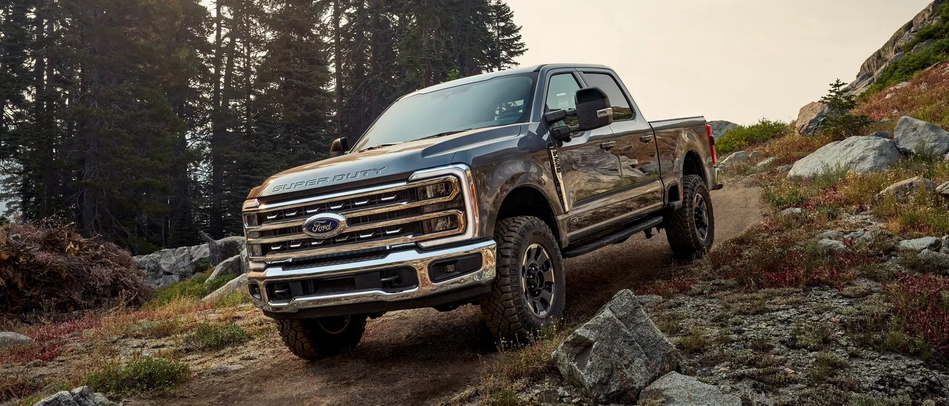 A black Ford Super Duty pickup truck driving on a rugged dirt trail in a forested mountainous area.