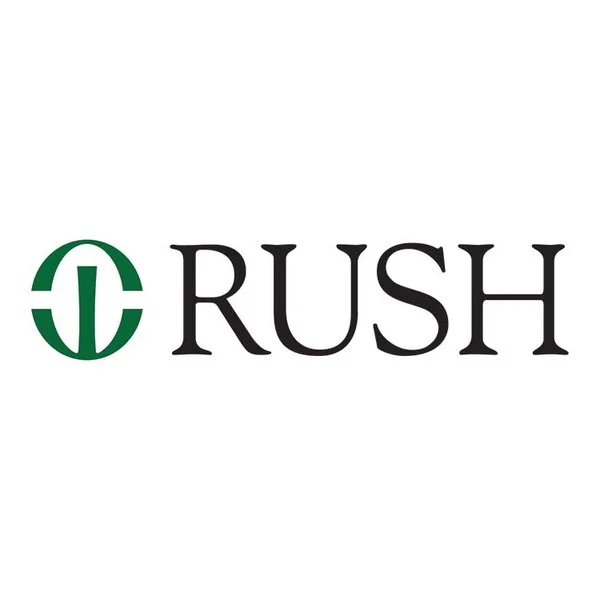 Logo with a green circular symbol and the word 'RUSH' in black letters.