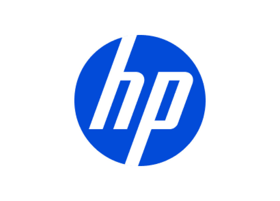 HP logo in a blue circle with white text and slanting design.