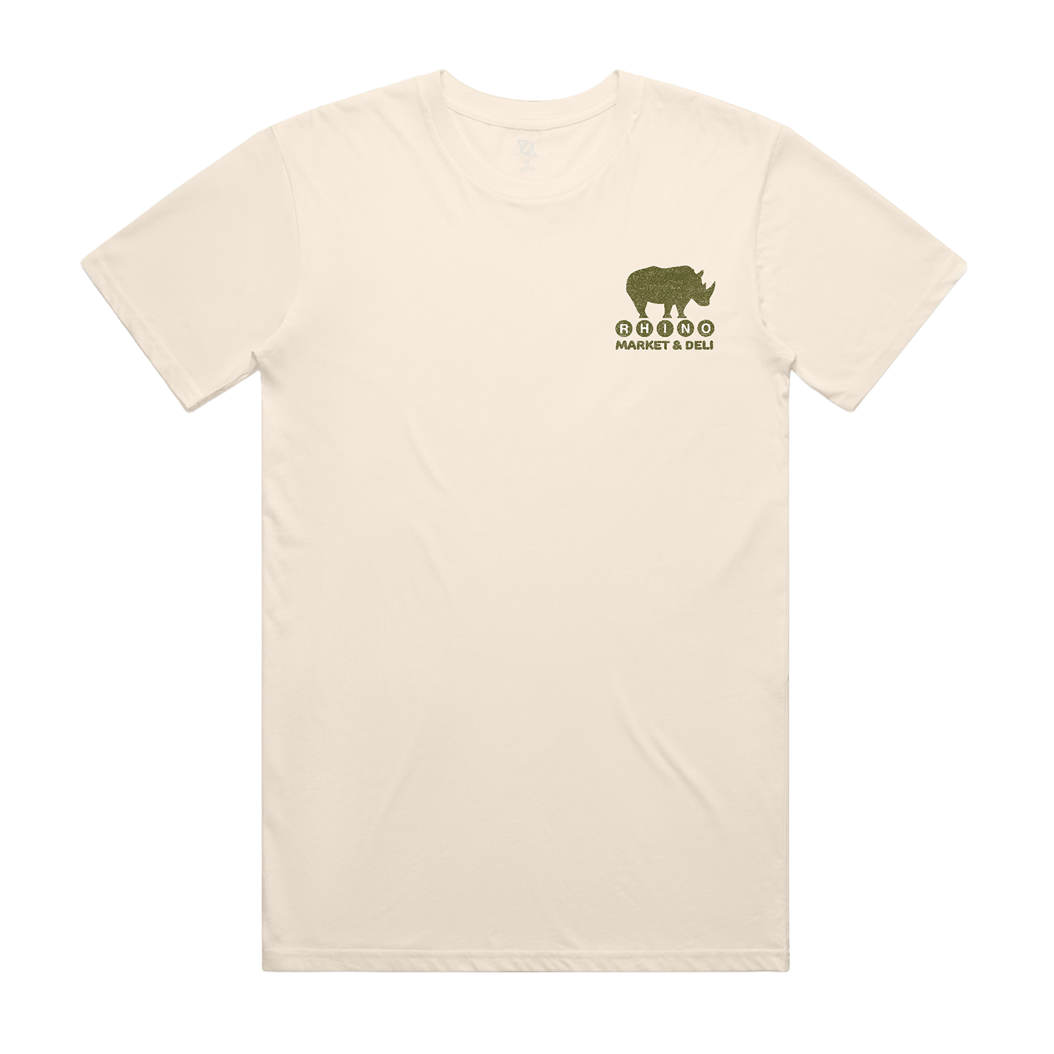 A white T-shirt with a small graphic of a rhinoceros and the text 'RHINO MARKET & DELI' on the upper left chest area.