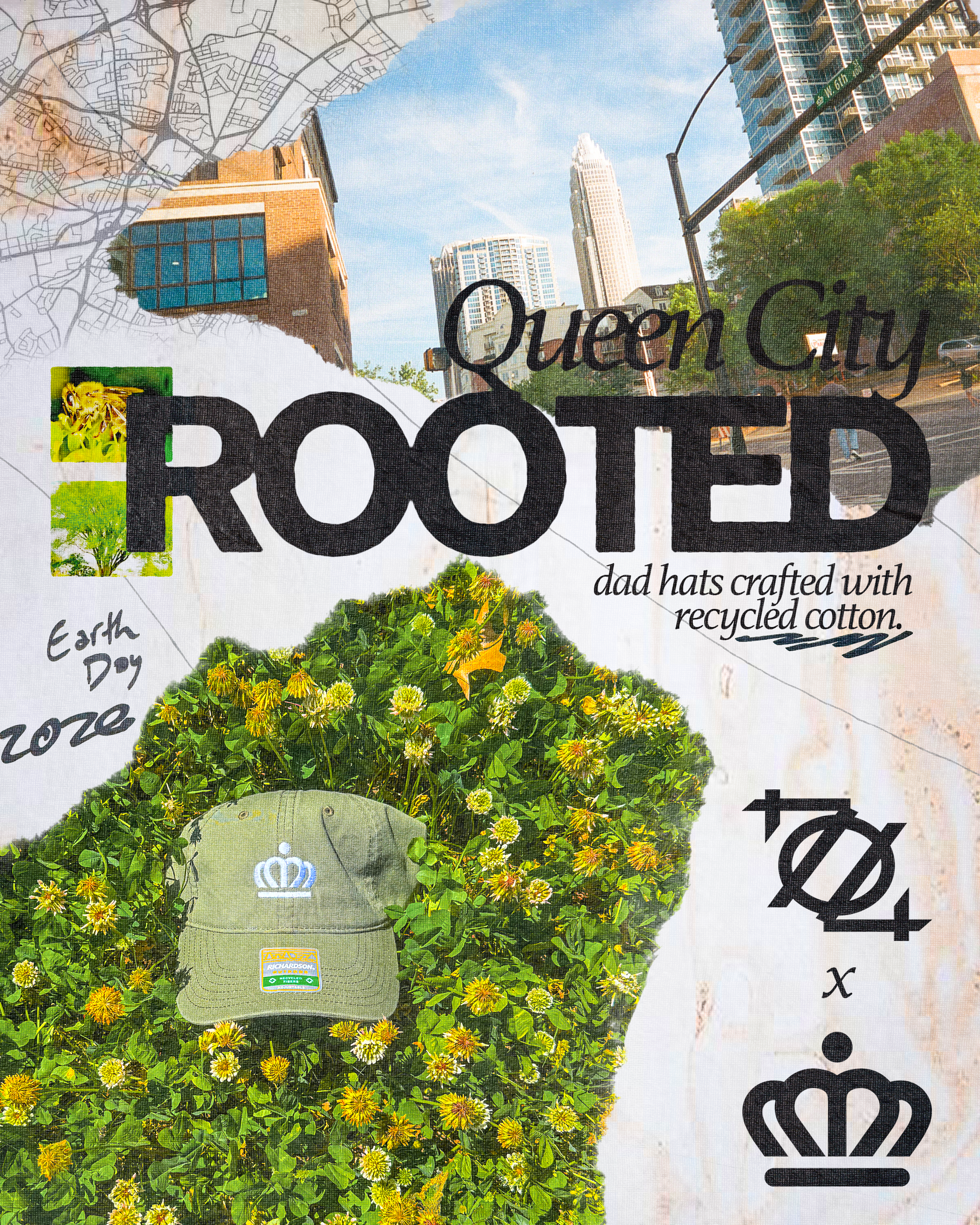 The image features a poster promoting Queen City Roots, which produces dad hats crafted with recycled cotton. The poster has a background photo of a cityscape with tall buildings, leafy trees, and a clear blue sky. The main text reads "Queen City Roots," and there are small images of greenery, a crown, and a hat with a Richardson label. The overall theme celebrates urban nature and sustainable fashion.