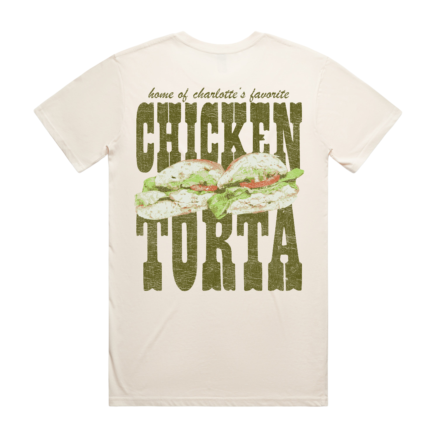 White T-shirt with text and images of chicken sandwiches, reading "home of charlotte's favorite chicken Torta."