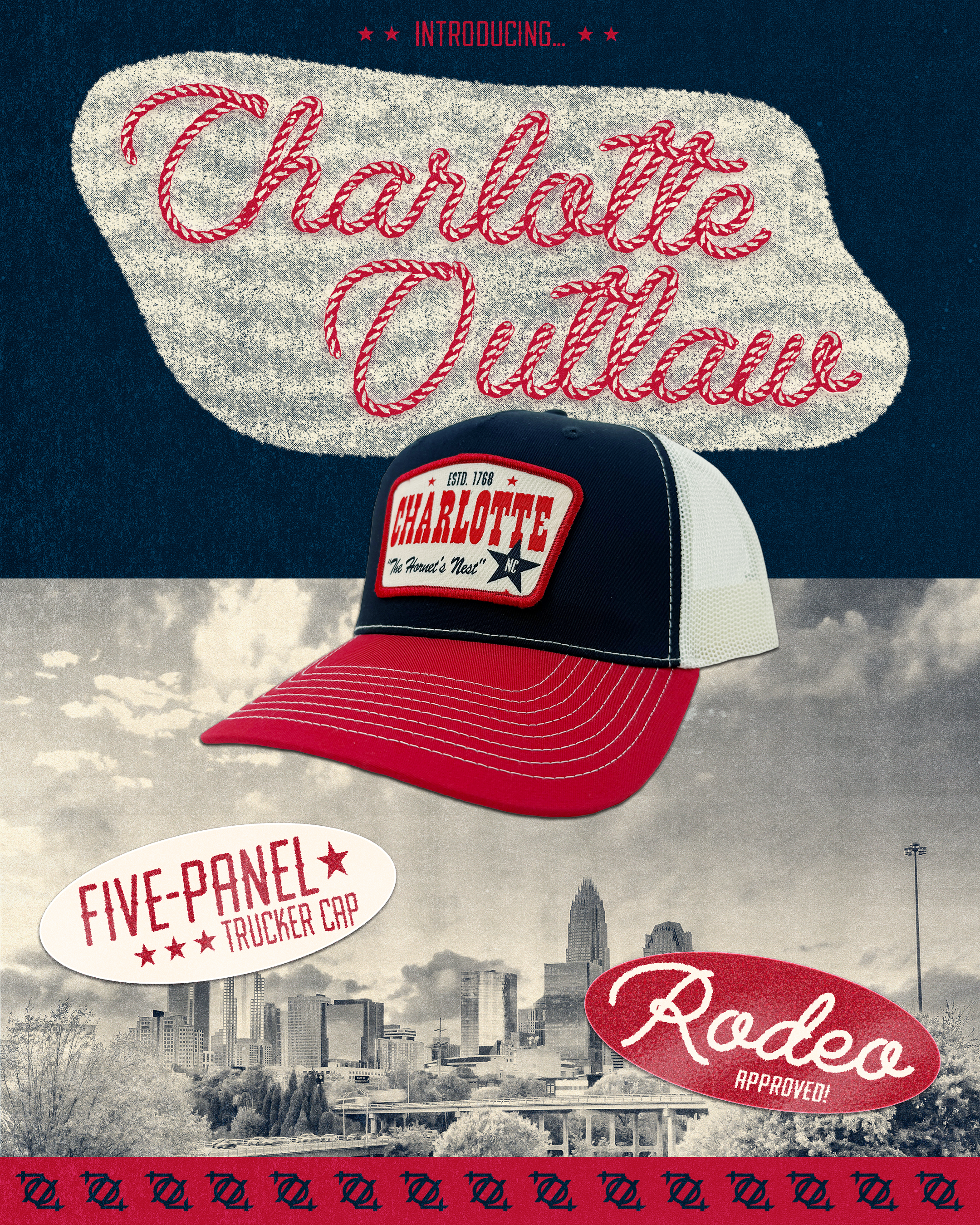 A baseball cap with a patch that reads 'Charlotte, NC' and 'The Hornet's Nest' in front of a backdrop with the Charlotte city skyline, clouds, and trees, with the word 'Charlotte' embroidered in red rope-style letters above.