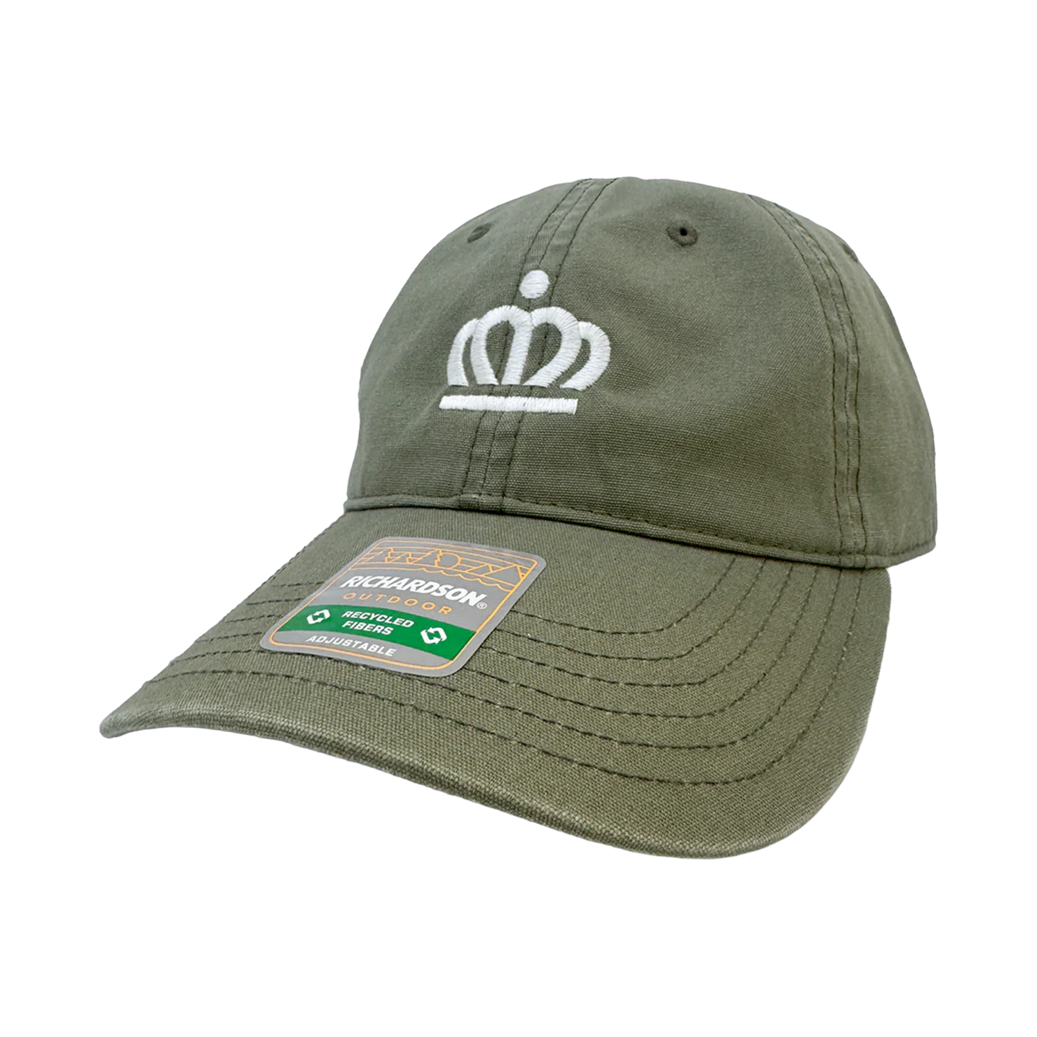 A green canvas baseball cap with a white embroidered crown symbol on the front. The cap has a sticker on the brim indicating it is from Richardson Outdoor, made with recycled fibers, and adjustable.