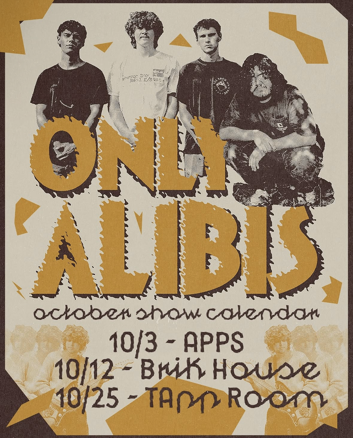Promotion for an October show calendar featuring four band members in black and white, with large yellow text reading 'ON AIR'. The schedule includes October 3 at Apps, October 12 at Brick House, and October 25 at Tami Room, with decorative yellow geometric shapes and floral designs.