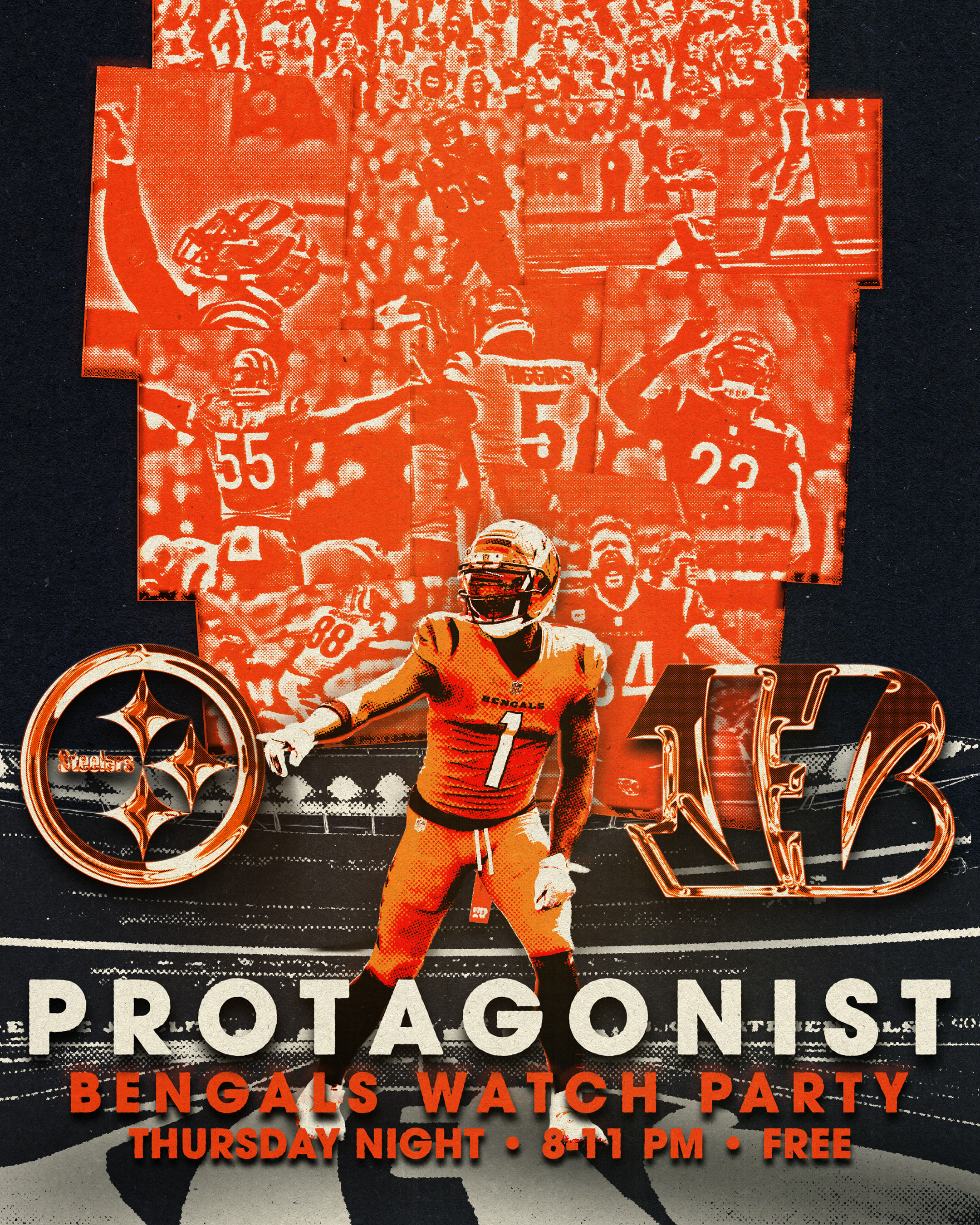 A vibrant poster promoting a Bengals watch party, featuring an illustration of a football player in a yellow uniform numbered 1, standing in front of a background collage of fans and players. The poster includes text about the event, schedule, and free entry, with prominent branding and a black border.