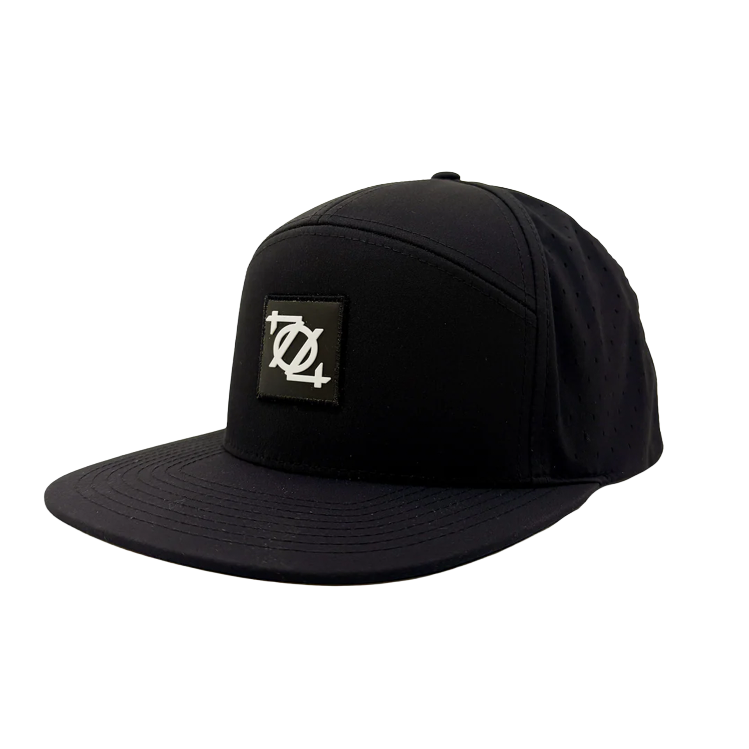 Black snapback hat with a patch featuring a white graphic of crossed baseball bats and a baseball, and a target symbol, on the front panel.