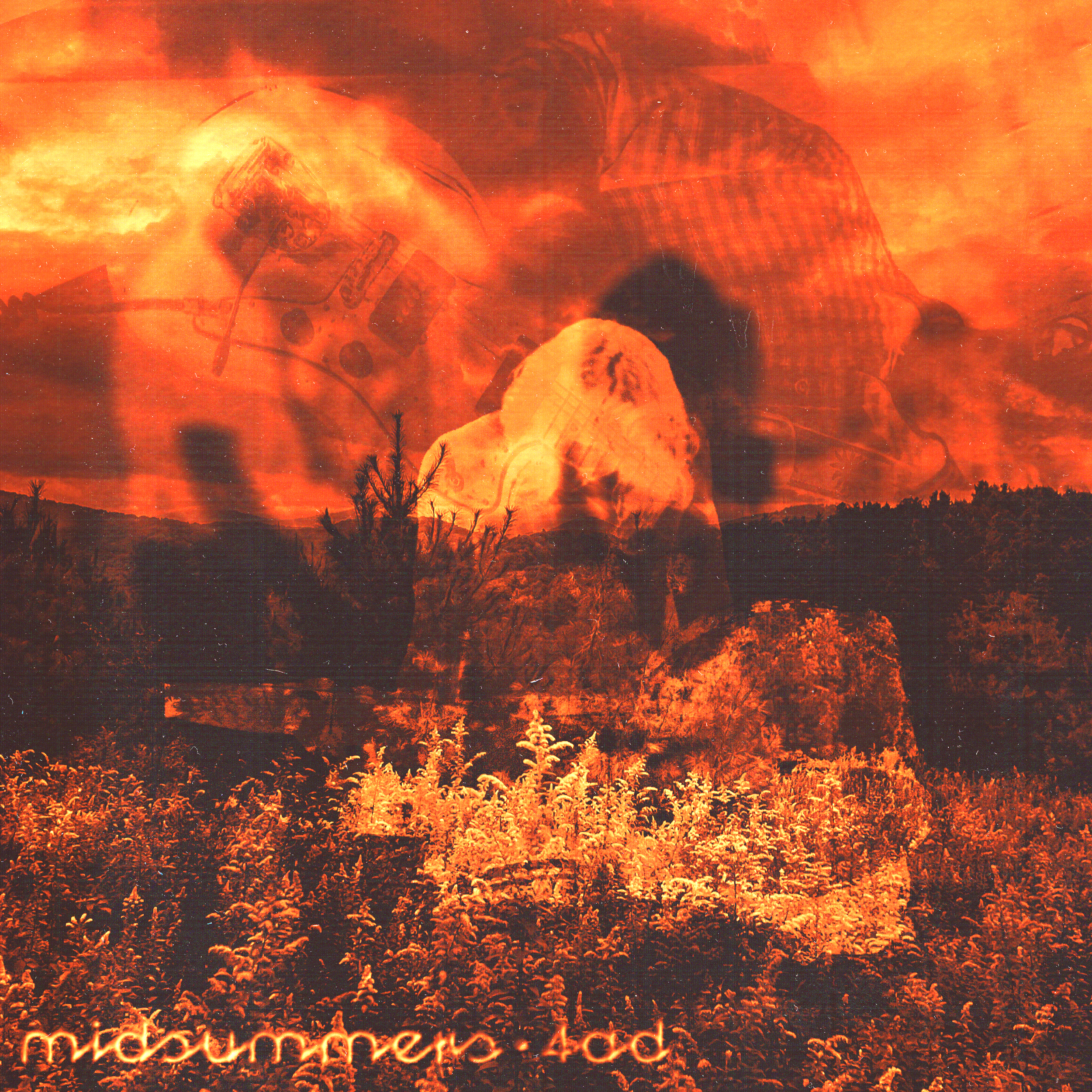 A fiery orange and red landscape with a glowing hill in the background, trees silhouetted in the foreground, and the phrase 'fire the future' written in glowing script at the bottom.