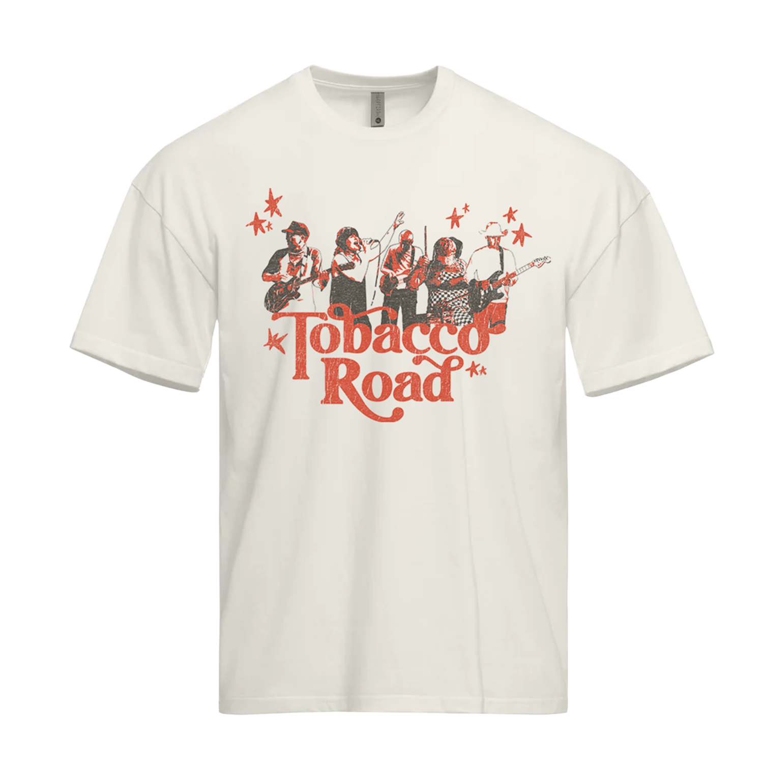 White T-shirt with a graphic of a band performing and the text "Tobacco Road" in red.