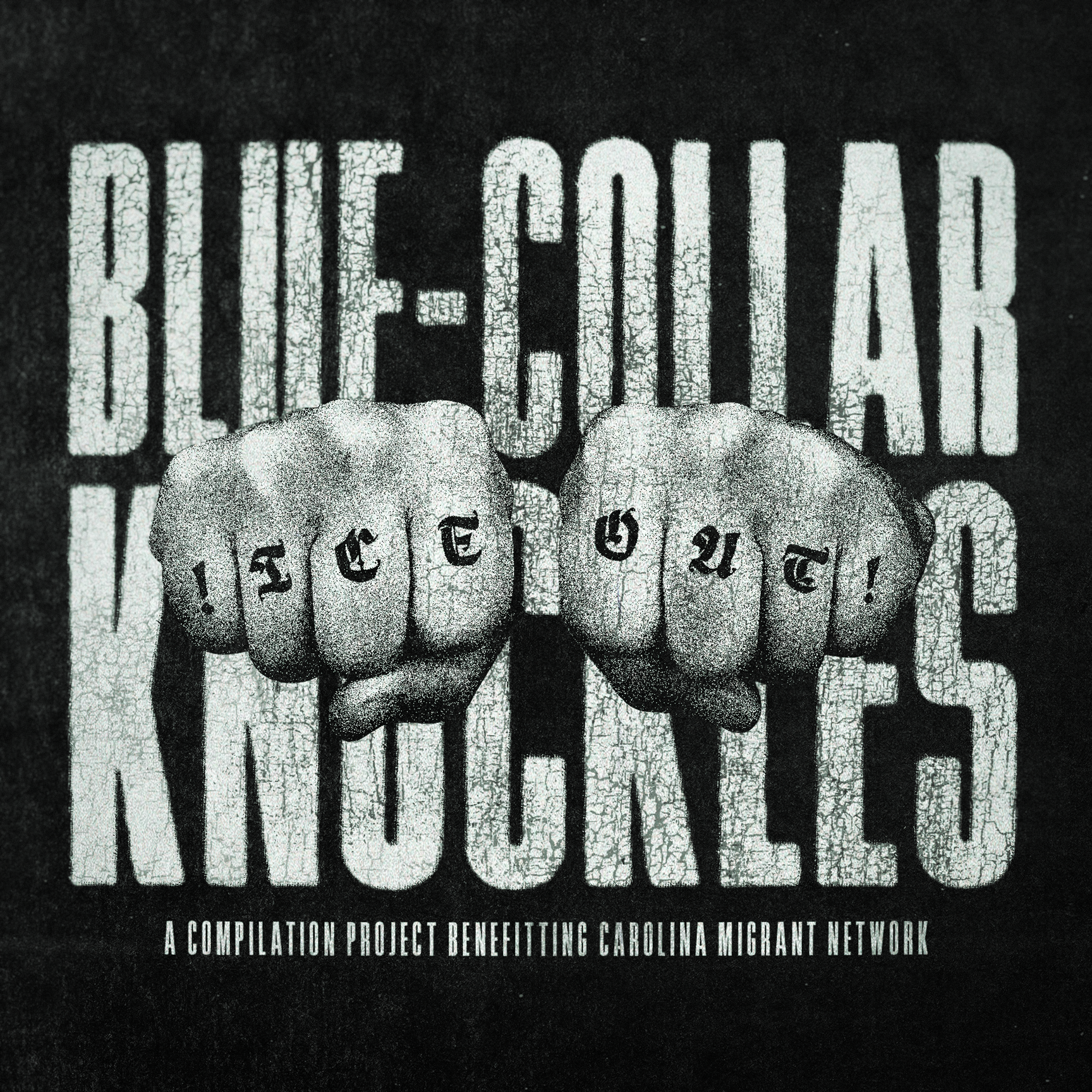 Close-up of a book cover titled 'Blue Blood' with a graphic of clenched fists showing tattooed knuckles spelling out 'F E G G I E S' and text indicating it is a compilation project benefiting the Carolina Migrant Network.