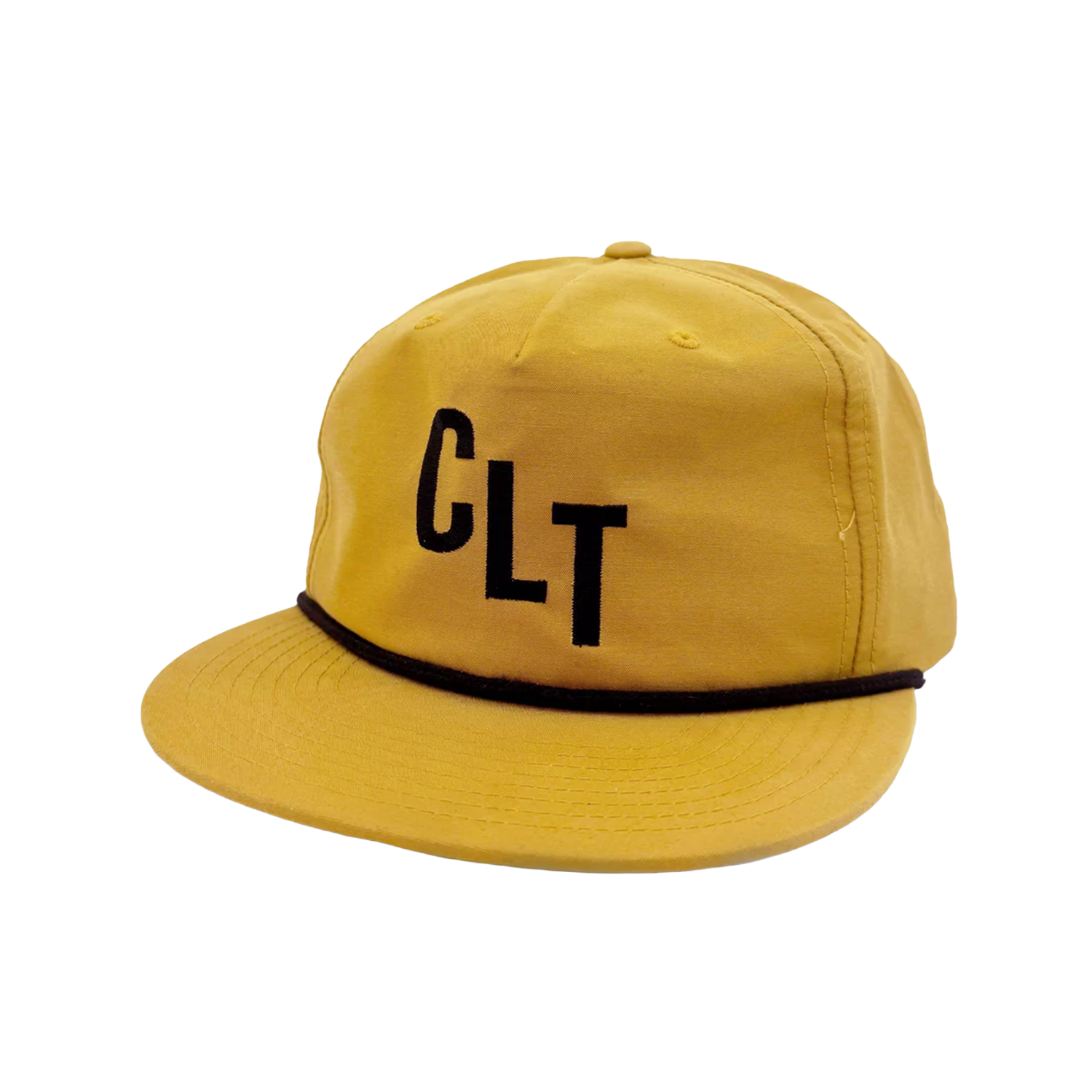 Yellow baseball cap with black embroidered text "CLT" on front and black strap.