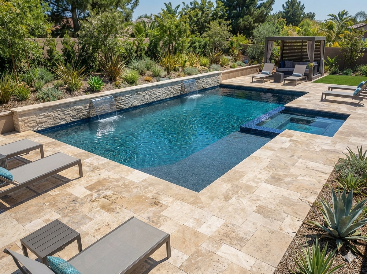 A backyard swimming pool with a fountain feature, surrounded by beige stone tiles and landscaped greenery, including various plants and trees. There are lounge chairs, a shaded cabana with seating, and a landscaped garden area.