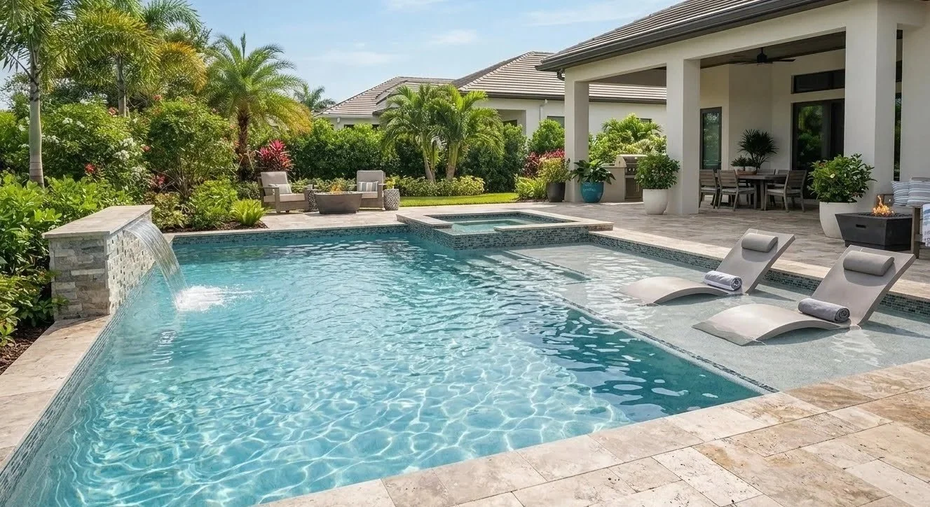 Backyard swimming pool with lounge chairs, surrounded by lush tropical plants and a patio area with outdoor furniture.