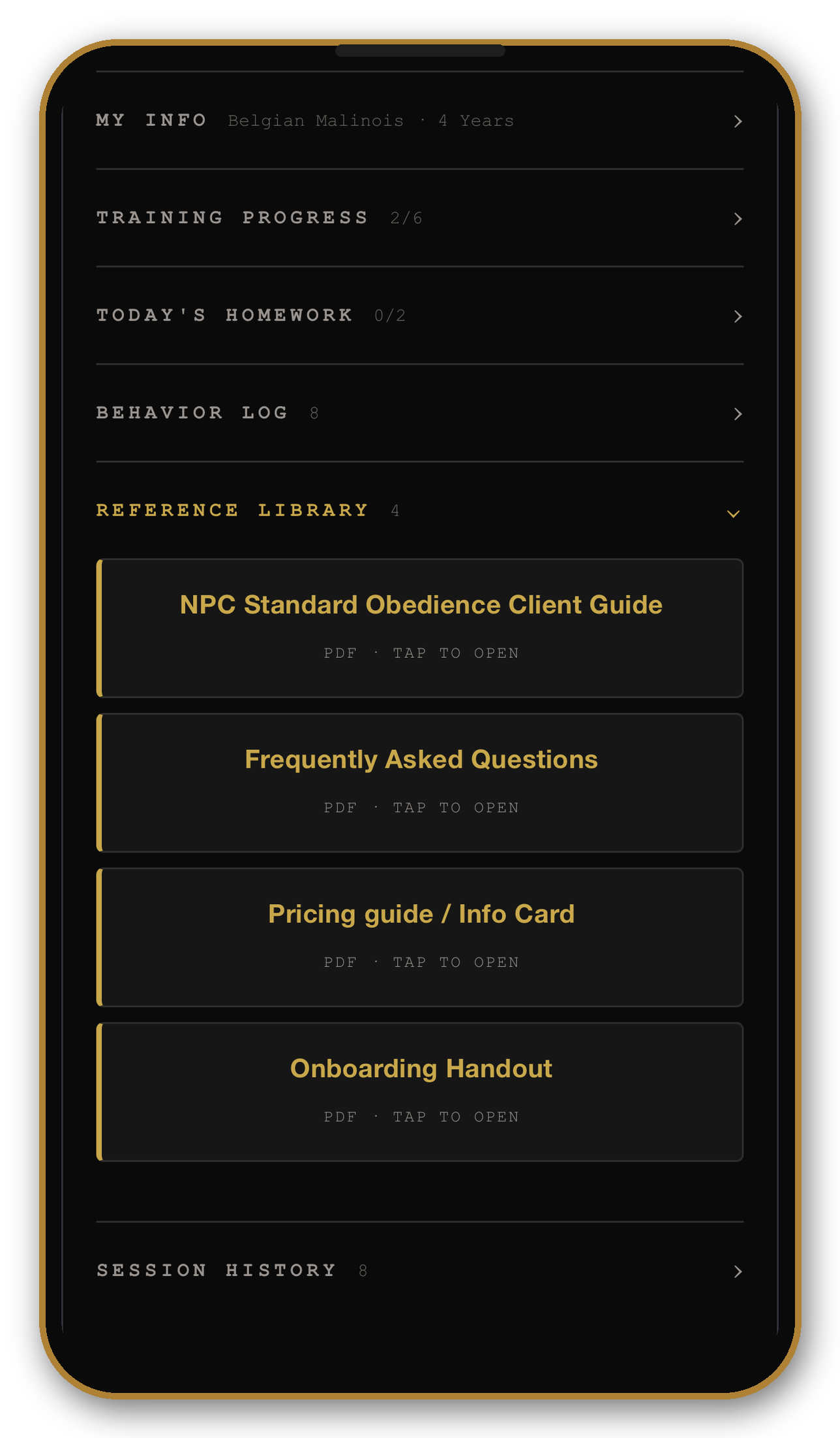 Mobile app screen displaying user profile, training progress, homework, behavior log, reference library with PDFs, onboarding handout, and session history, all in a dark theme with yellow accents.