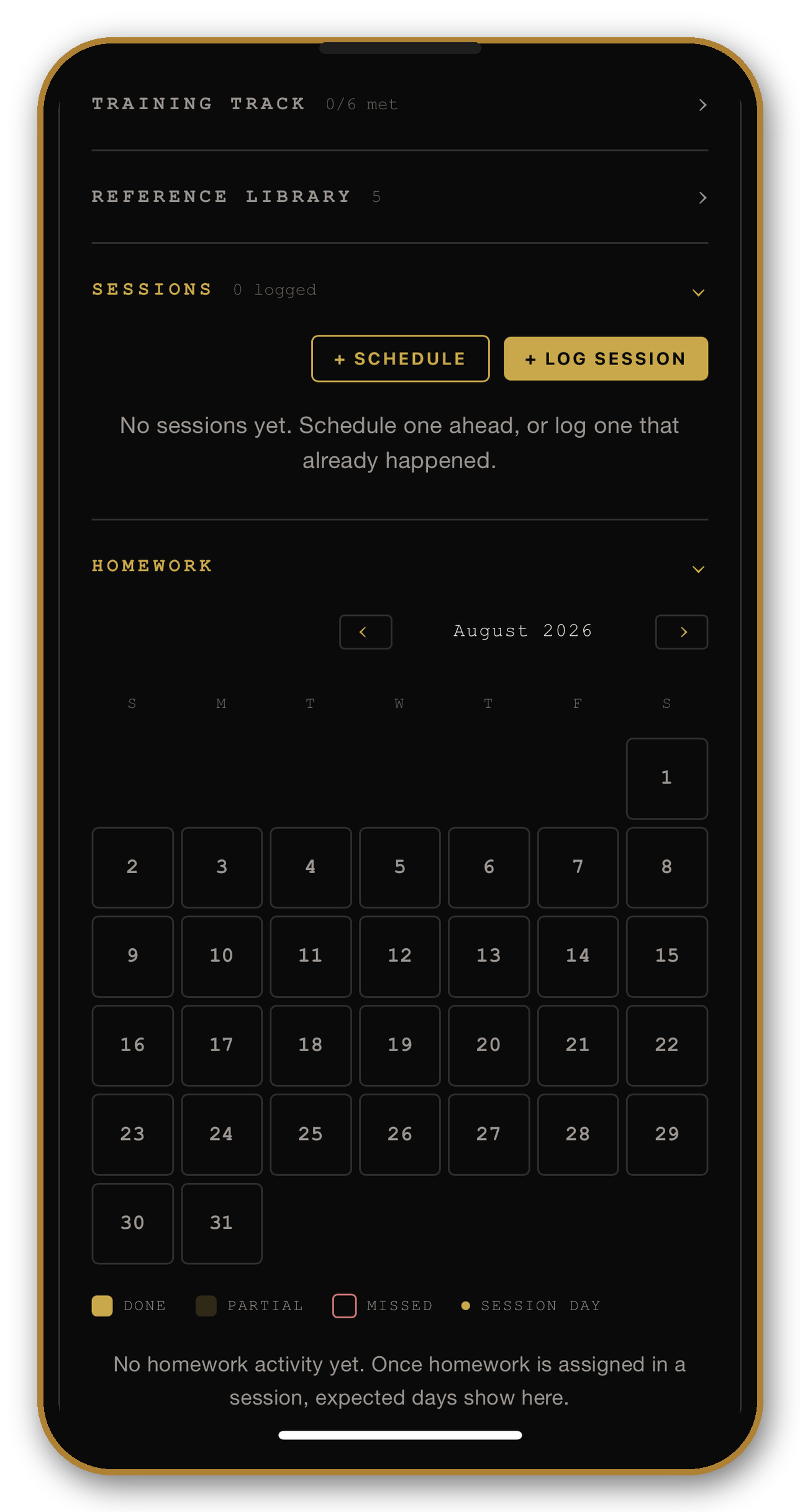 Mobile app screen for tracking training, reference library, sessions, and homework activities, with a calendar for August 2026 displayed.