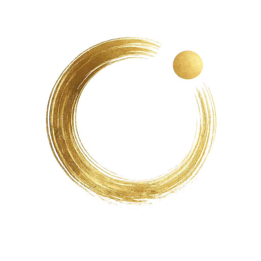 Gold circular brushstroke with a gold dot on a black background.