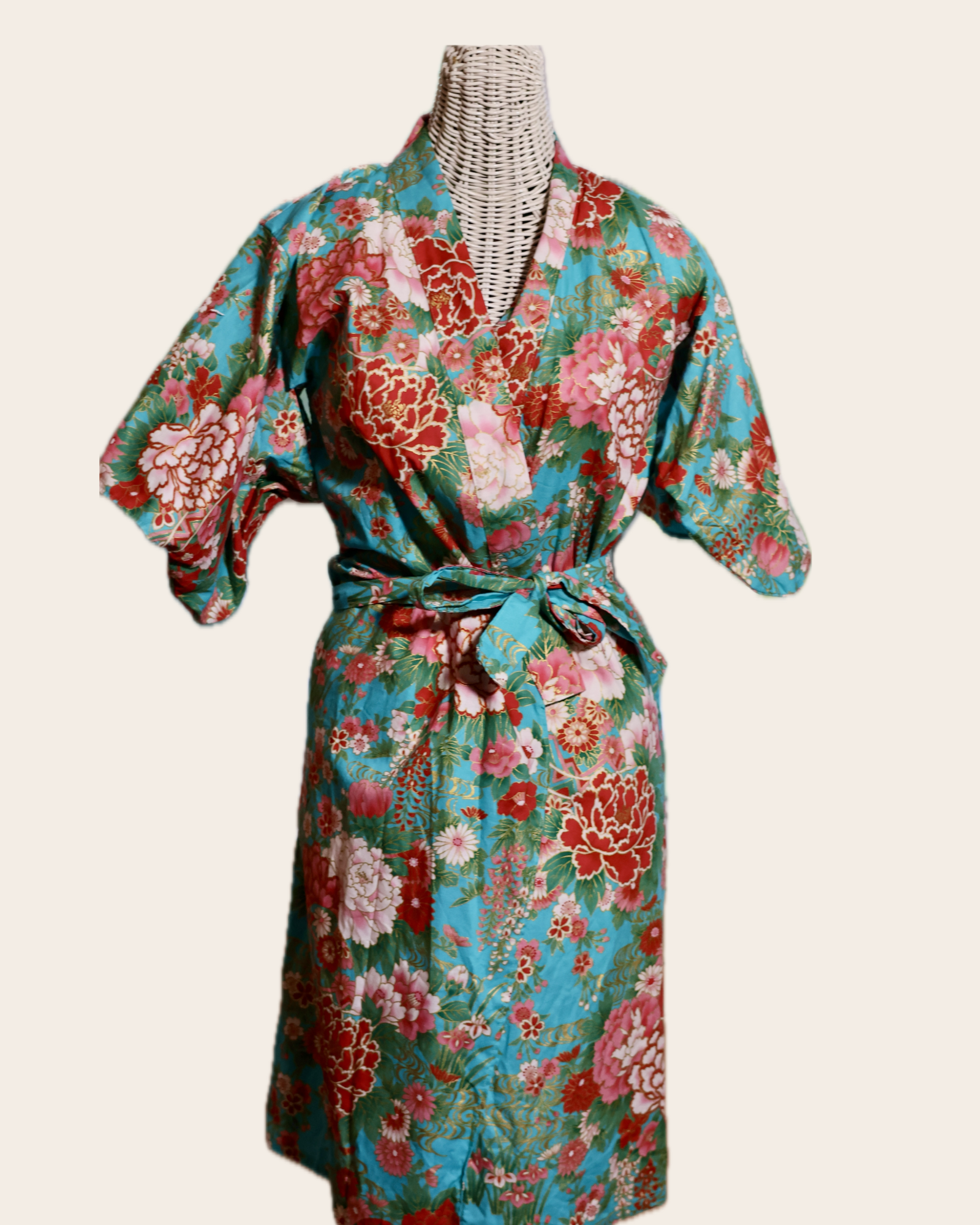 Vintage Sakurai Shoji Teal Cotton Kimono Robe, Japan