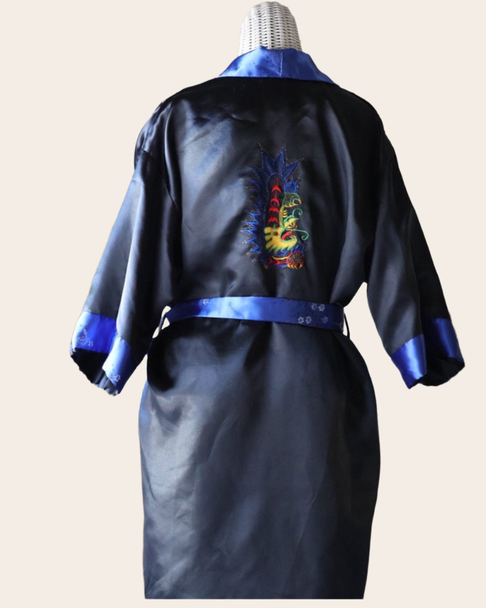 Vintage Reversible Satin Robe, Royal Blue Floral Jacquard & Black with Embroidered Dragon, No Tag