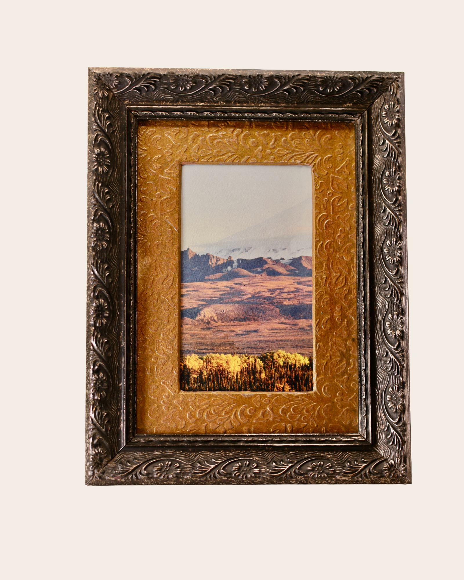 Restored Baroque Silver Picture Frame with Custom Floral Damask Mat