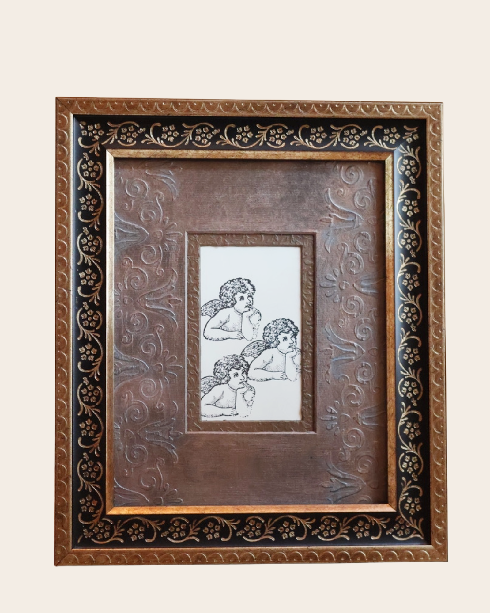 Vintage 1980s Ornate Black & Gold Filigree Frame with Hand-Painted Damask Mat (4x6)
