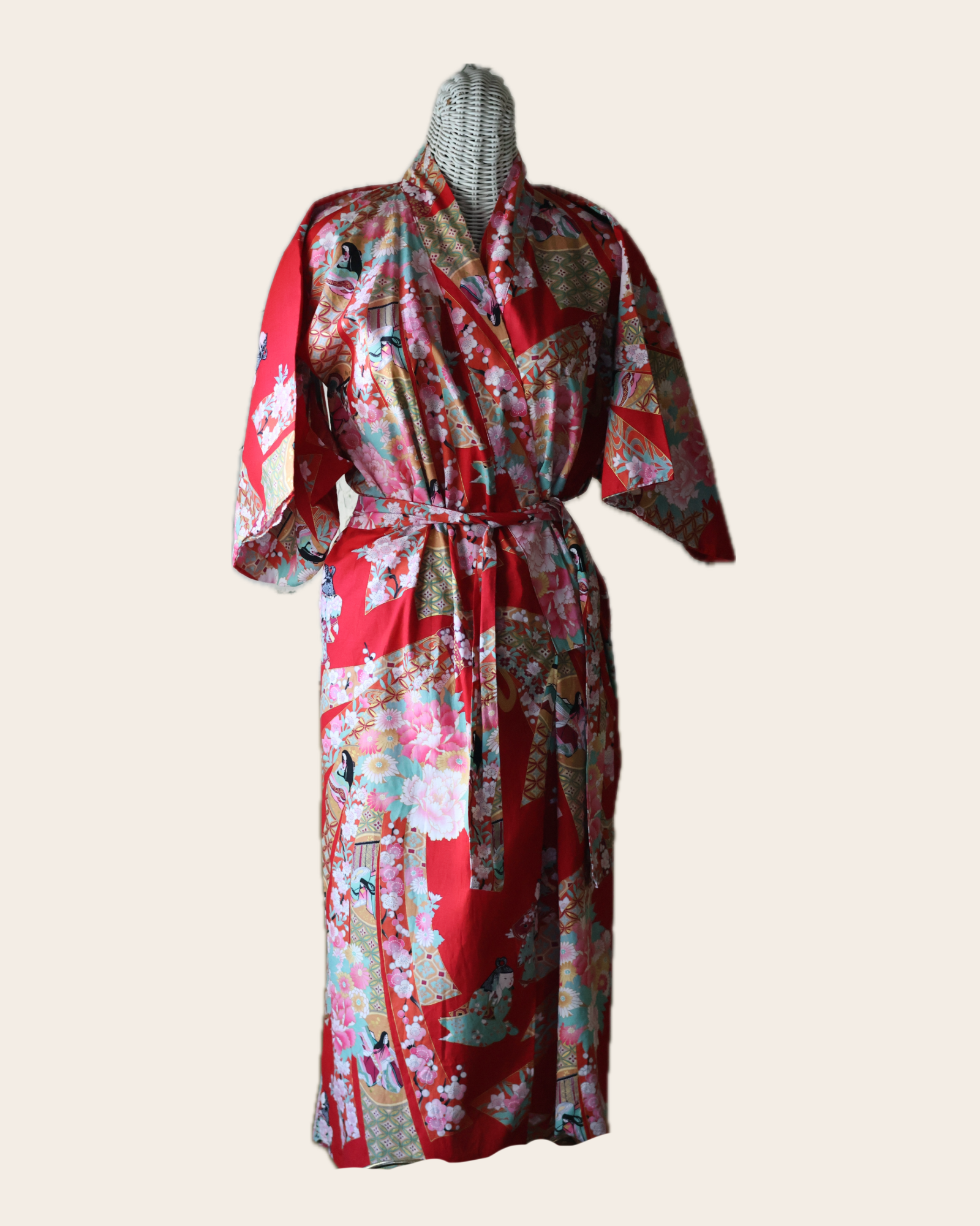 Vintage Sakurai Shoji Red Cotton Kimono Robe, Heian Court Ladies, Cherry Blossoms & Peonies with Gold Metallic Accents, Made in Japan