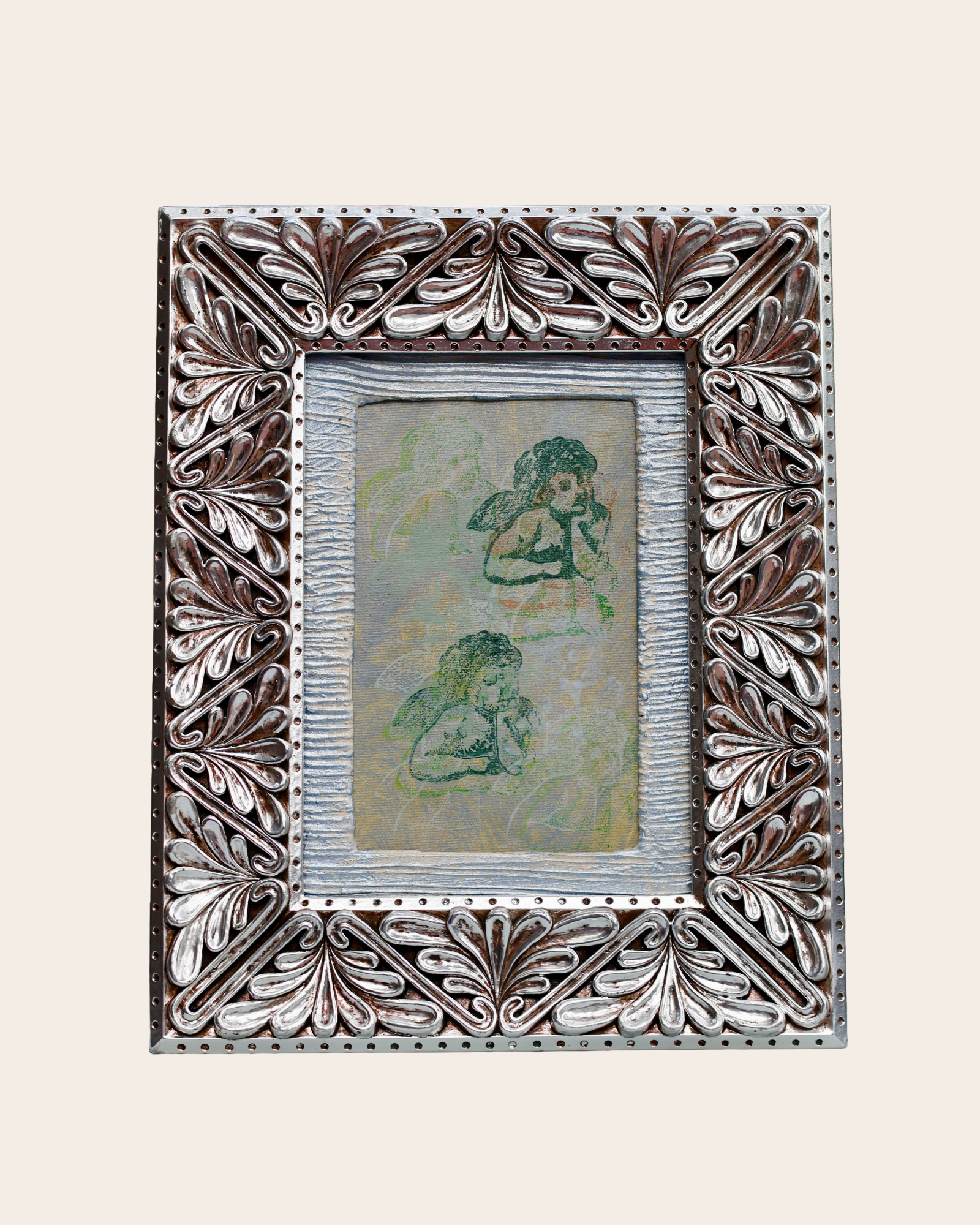 Vintage Silver Picture Frame with Hand-Painted Cream Mat