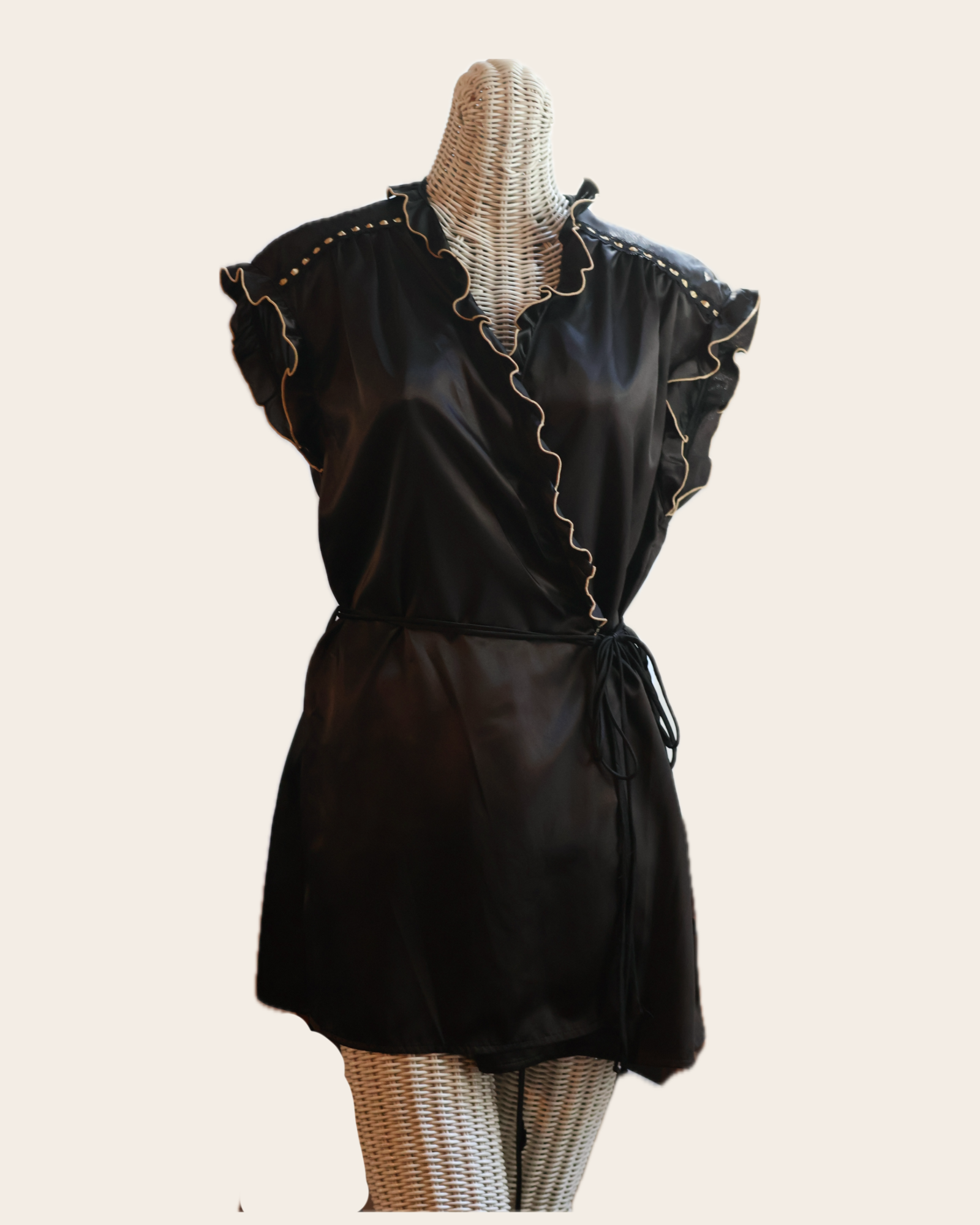 Vintage Cinema Etoile Seductive Wear Black Satin Wrap Robe, Cream Piped Ruffles & Ribbon Lace Trim, Size L