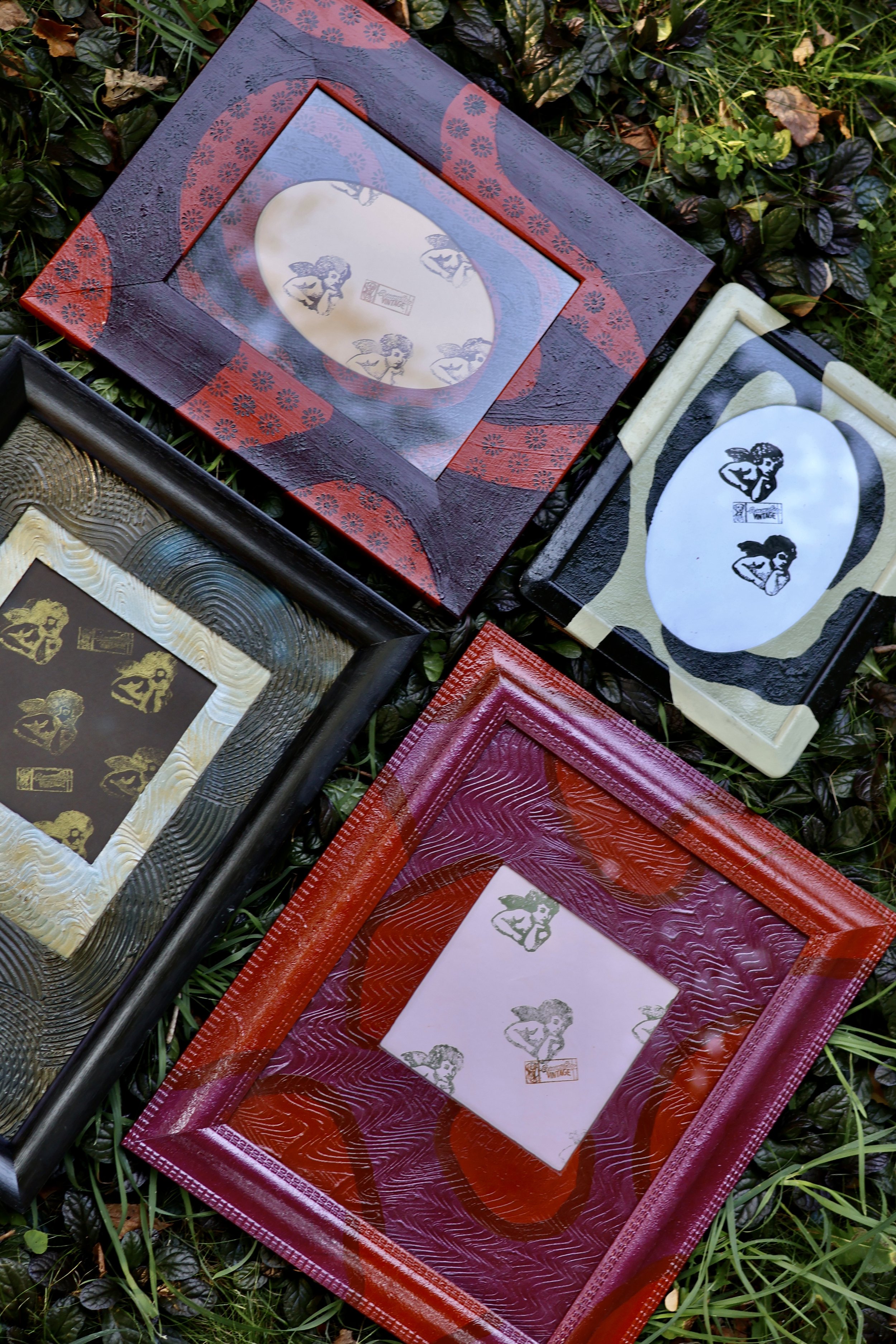 Colorful vintage hand-painted frame and mat sets.